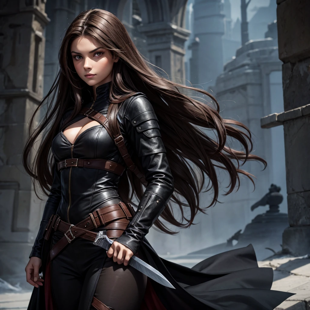 Valentina Costello is a princess. She has red eyes. She has medium length wavy brown hair. She is very modest but very beautiful. She is a warrior but very mysterious. She wears all black attire with knife holsters. She is an assassin princess. Her clothes cover most of her body very well. She likes knives.