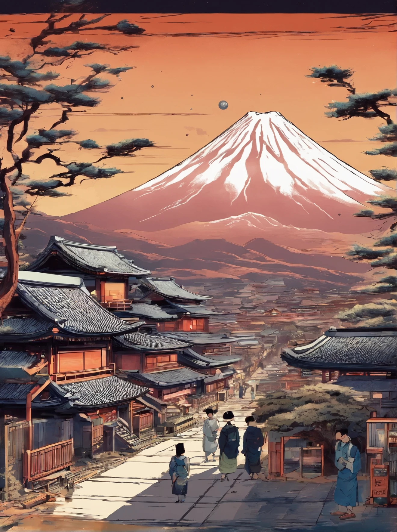 a typical japanese village life in the 1800s. mount fuji in the background