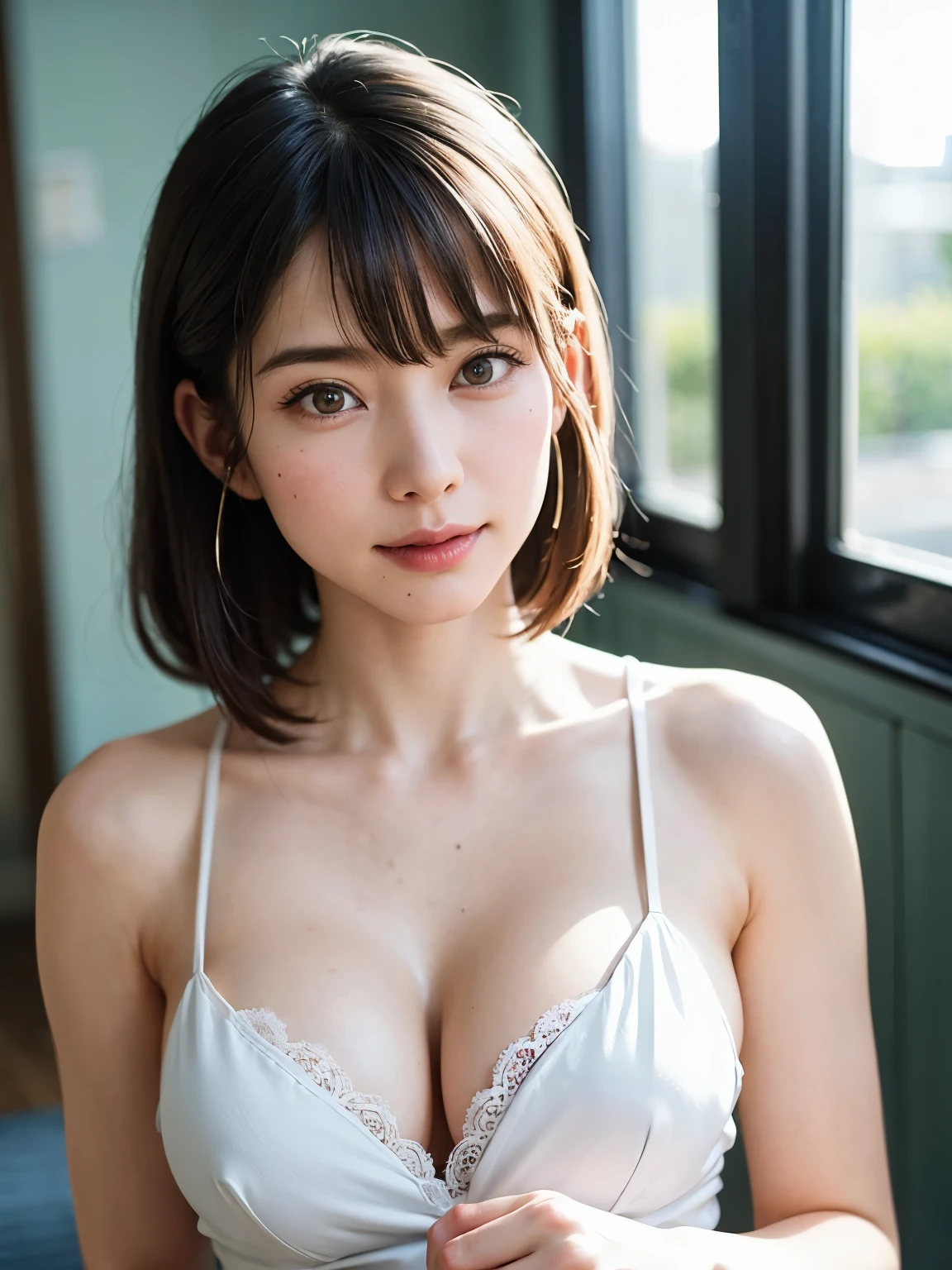 1 girl、highest quality、realistic、alone、Depth of written boundary、natural soft light、daytime、charm、beautiful face、cleanliness、pure face、white skin、cute、short hair、Bright light brown eyes:1.6、beautiful lips、bangs、beach、Light of the sun、Nedium Breast Body Esbian、((黄金比のbeautiful face、 対称性のあるbeautiful face))、long neck、show me your ears、stick out ears。bangsのあるきれいな短いボブヘア、smile with your mouth closed、perfect hands指、perfect hands、perfect body、perfect face、Shine a light into your eyes、perfect anatomy:1.6、とてもcuteスーパーモデル:1.6、{Huge|big|Hugeな|mega} chest, cleavage、smile:1.6、Very beautiful teeth:1.6
