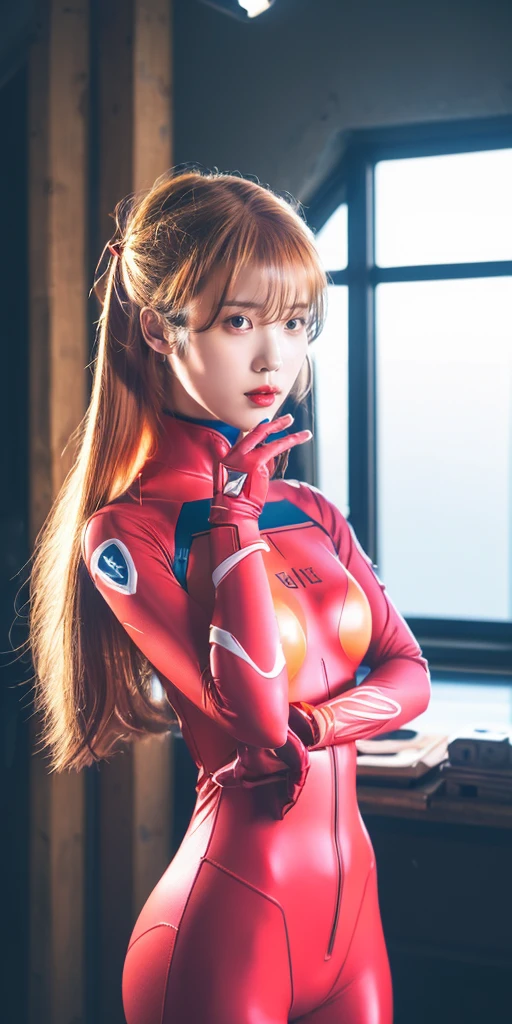 (Overhead view),dynamic angle,ultra-detailed, illustration, close-up, straight on, 1girl, 
 ((souryuu asuka Langley costume with blonde  hair and brown eyes, red bodysuit:1.4, blonde)),Her eyes shone like dreamy stars,(glowing eyes:1.233),(beautiful and detailed eyes:1.1),(expressionless,closed mouth),(standing), 
(mechanic room with toolsand spaceship windowin a white SPACESHIP),
(night:1.2),dreamy, [[delicate fingers and hands:0.55]::0.85],(detail fingers),