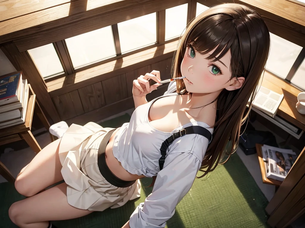ultra high definition, best quality, masterpiece, highres, artstation, concept art, smooth, sharp focus, illustration, a girl in school, brown hair, green eyes, wide eyes, (small breast), (small hips), (small ass), (small girl), long skirt, white top, classroom, ((she smokes a cigarette)), (((we see her from above))), sexy pose, provocative pose