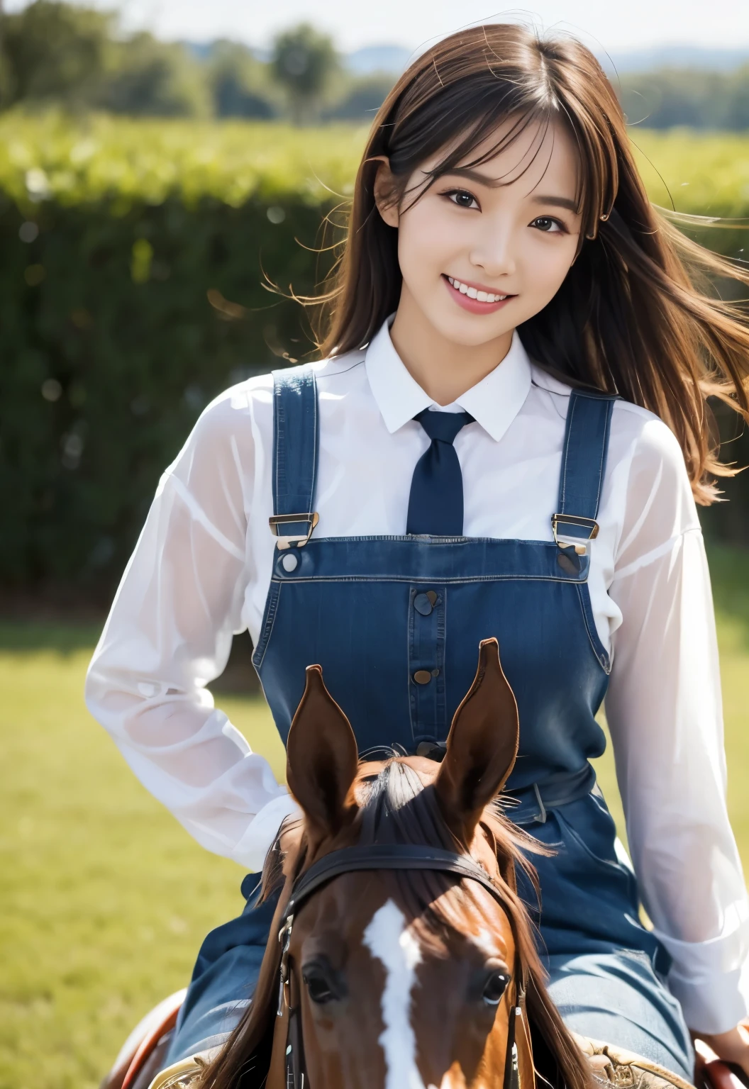 (masterpiece, best quality:1.1), (8k, raw photo, photo realistic:1.2, f22), (shiny skin), detailed skin, long hair,detailed face, detailed eyes, smile,BREAK, real world, intricate details, smil, BREAK, 1girl, (white shirt), BREAK, (horse riding:1.4), BREAK