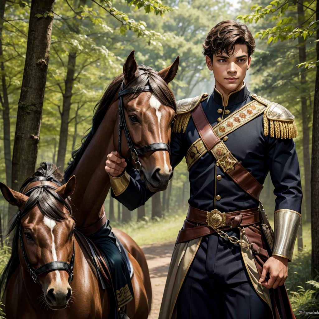 Prince Declan Gray is a strong, forward young man. He is very protective but he is very smart. He is also very charming. He has light brown hair and dusty gray eyes. He loves the forest and he loves his black horse. He wears his royal armor. He is very modest. He loves the color dark green. He is pale.