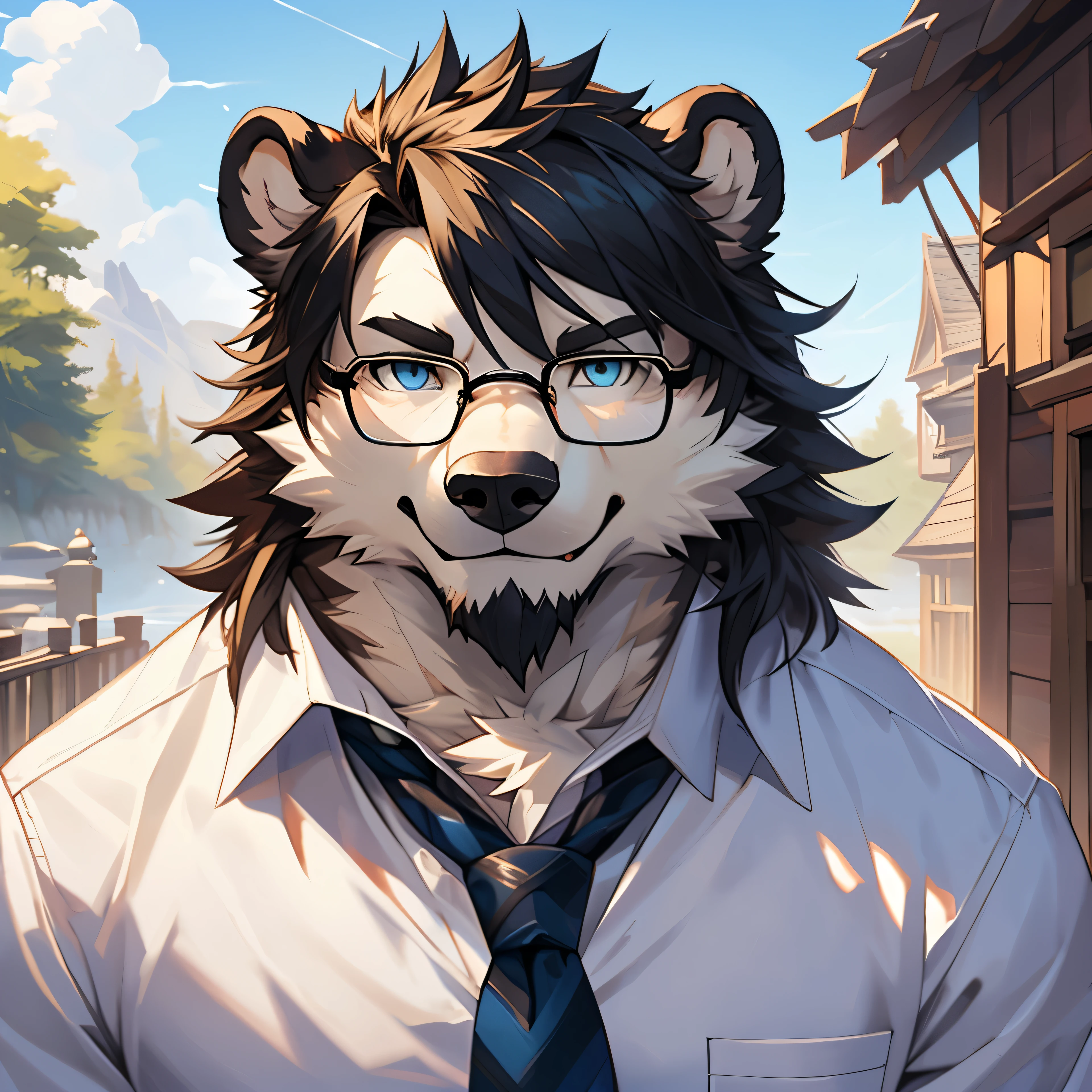 On e621, High resolution, 8k, Masterpiece, Official art, Cygames, Shadowverse, Ultra details, Art by Meesh, Art by DASAGI, Art by Chunie, Art by Personalami, portrait, face focus, kemono, solo, ((antro)), mammal, male, polar bear, ursine, white fur, Black hair, Black messy hair, Short hair, Black Glasses, Little black beard, Uncle, Old, Look at viewer, Detailed fur, Light blue eyes, Detailed eyes, Detailed hair, Smiling, White formal shirt, Navy necktie, Day time, Outdoor, Clear sky,