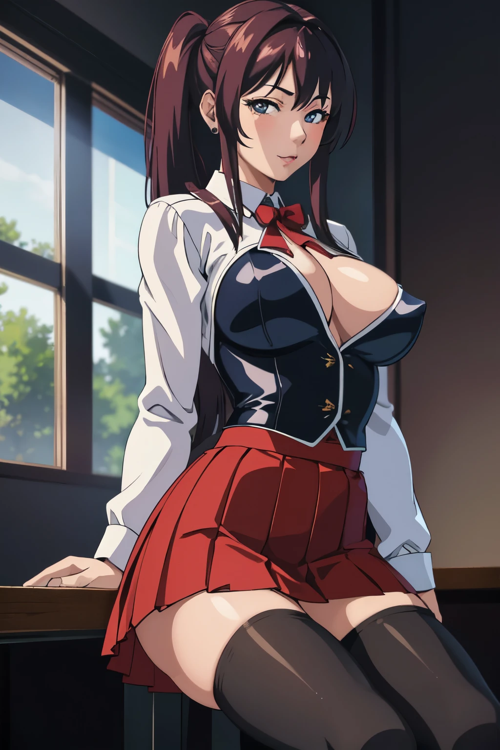 masterpiece, best quality, highres, 1girl kaori saeki,   but with exposed breasts, skin tight red skirt, black thigh high stockings, classroom, cowboy shot, horny, looking at viewer, focus solo 