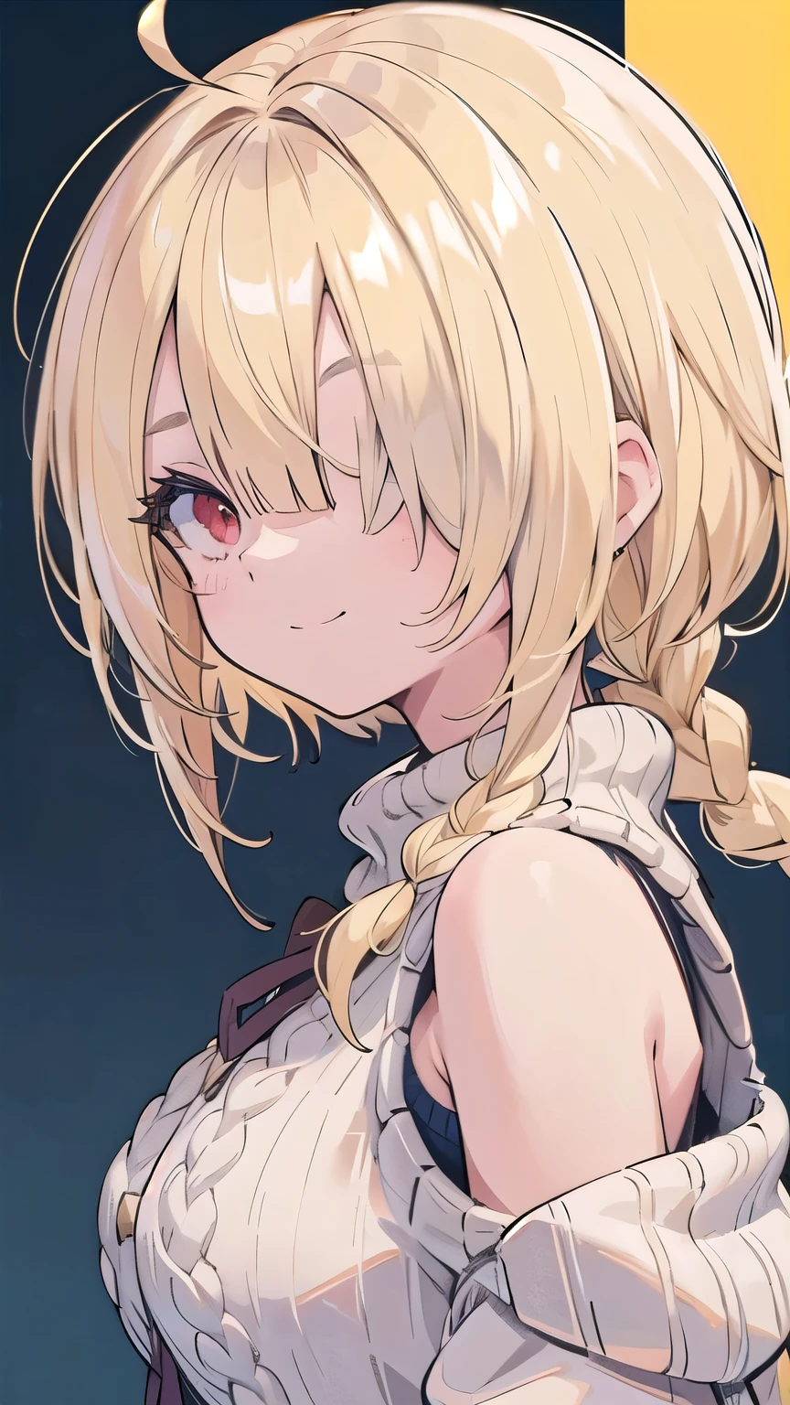tits、smile, face palm、breasts close up, blonde ((((((hair over one eye)))))), Braid Styles, spiked hair, blunt bangs, bob hair, a braid, Ahoge red eyes, off shoulder, knit sweater, From above, From the side