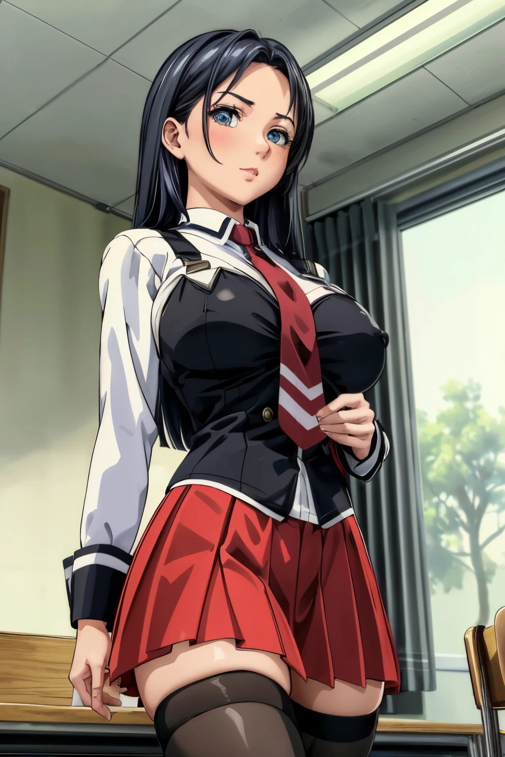 (masterpiece, best quality, ultra detailed, absurdres:1.5), 1girl, (sexy, beautiful woman, perfect face, perfect eyes, perfect female body, medium breasts:1.5), (CLOTHING_BibleBlack_SchoolDress_ownwaifu, long hair, black vest, red skirt, white shirt, collared shirt, suspenders, , black thighhighs, zettai ryouiki, necktie, long sleeves, pleated skirt, red necktie, loafers, ), (standing, indoors, Japanese classroom), perfect lighting, smooth, hdr