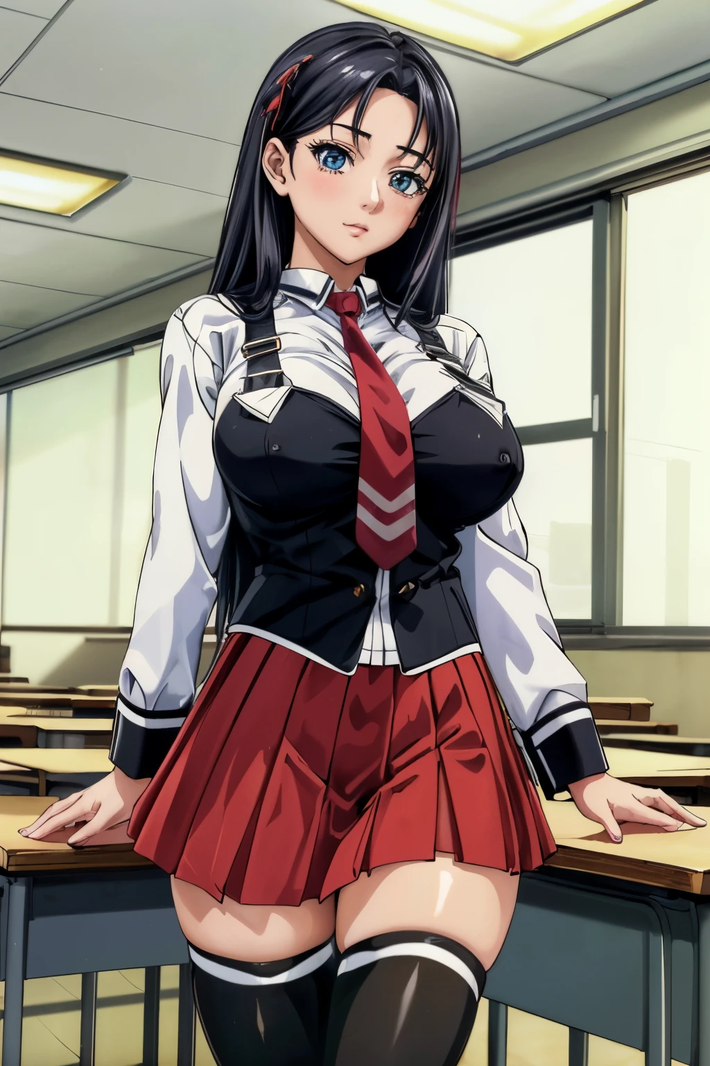 (masterpiece, best quality, ultra detailed, absurdres:1.5), 1girl, (sexy, beautiful woman, perfect face, perfect eyes, perfect female body, medium breasts:1.5), (CLOTHING_BibleBlack_SchoolDress_ownwaifu, long hair, black vest, red skirt, white shirt, collared shirt, suspenders, , black thighhighs, zettai ryouiki, necktie, long sleeves, pleated skirt, red necktie, loafers, ), (standing, indoors, Japanese classroom), perfect lighting, smooth, hdr