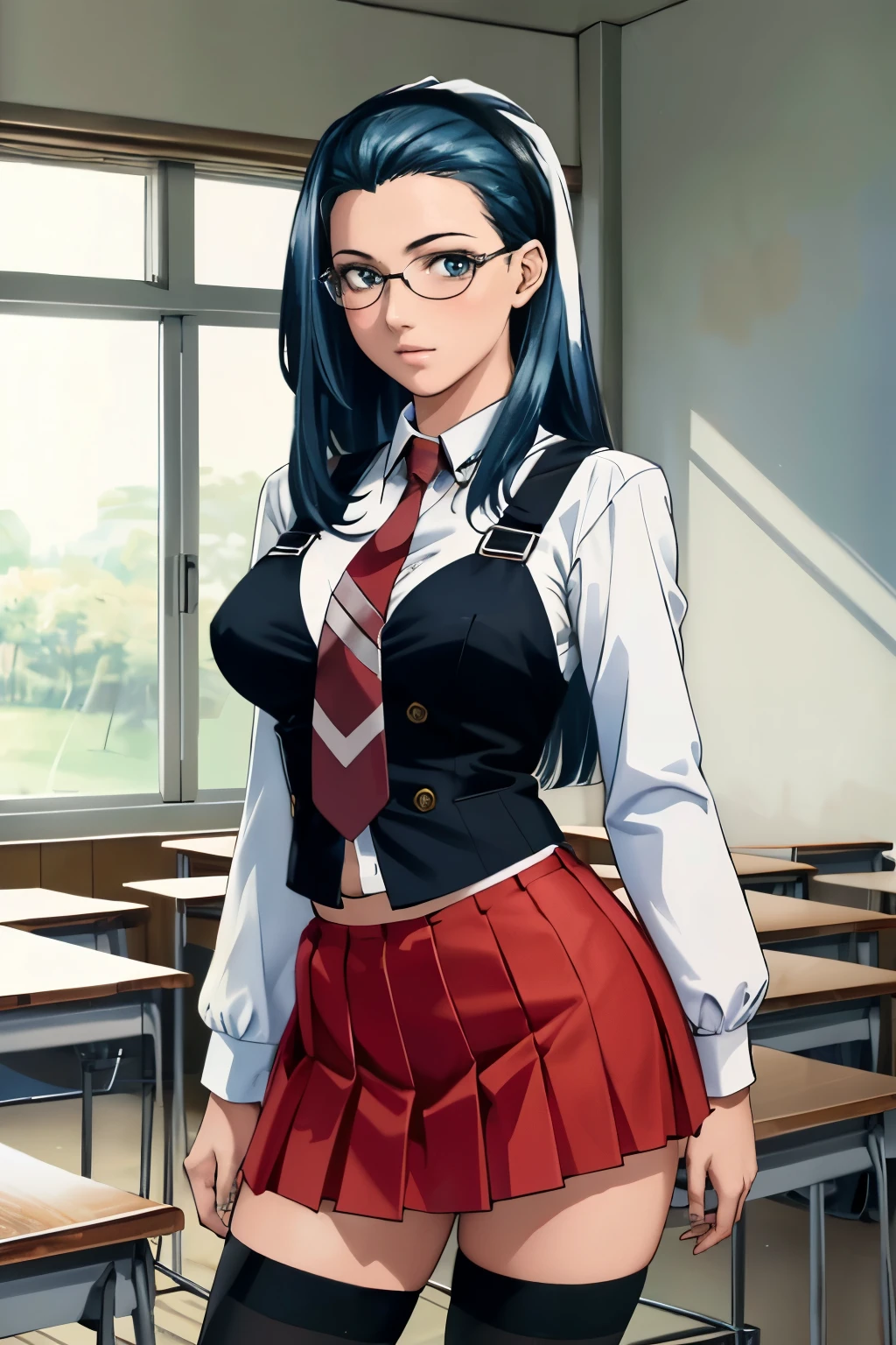 (masterpiece, best quality, ultra detailed, absurdres)1.5, 1girl, (sexy, beautiful woman, perfect face, perfect eyes, perfect female body, large breasts)1.5, (fap_bibleblack_junkomochida_ownwaifu, bible_black, very long hair, blue hair, hairband, rimless eyewear, glasses, pleated skirt, red skirt, thighhighs, loafers, long sleeves, , red necktie, zettai ryouiki, suspenders, black vest, ), (standing, indoors, Japanese classroom), perfect lighting, smooth, hdr