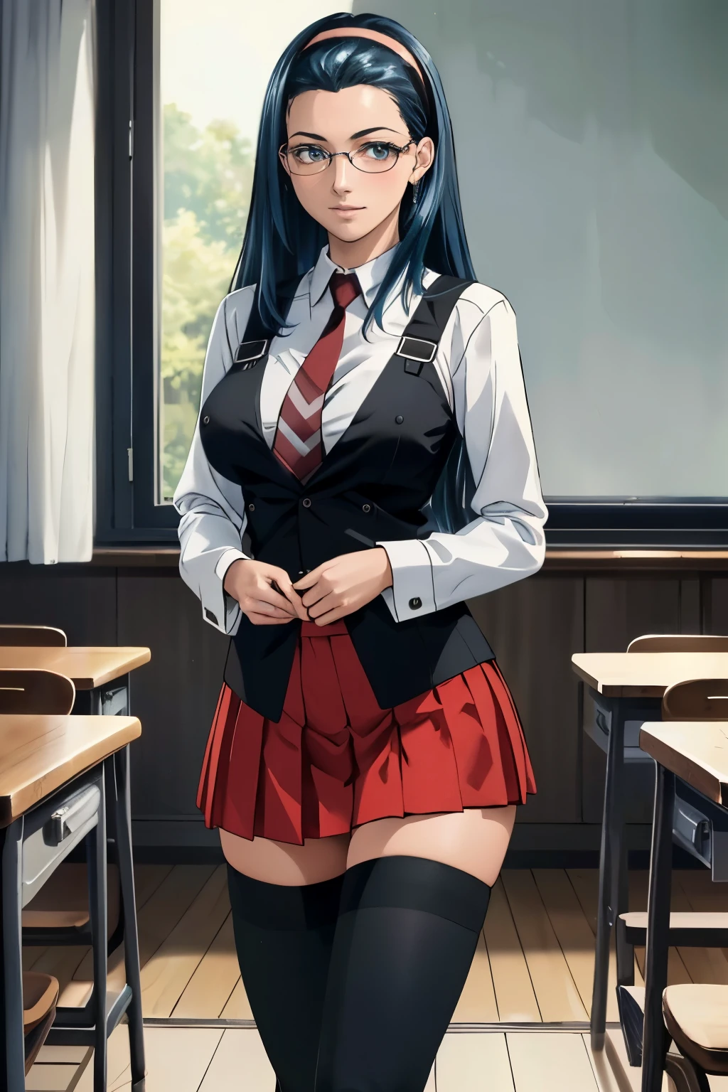 (masterpiece, best quality, ultra detailed, absurdres)1.5, 1girl, (sexy, beautiful woman, perfect face, perfect eyes, perfect female body, large breasts)1.5, (fap_bibleblack_junkomochida_ownwaifu, bible_black, very long hair, blue hair, hairband, rimless eyewear, glasses, pleated skirt, red skirt, thighhighs, loafers, long sleeves, , red necktie, zettai ryouiki, suspenders, black vest, ), (standing, indoors, Japanese classroom), perfect lighting, smooth, hdr