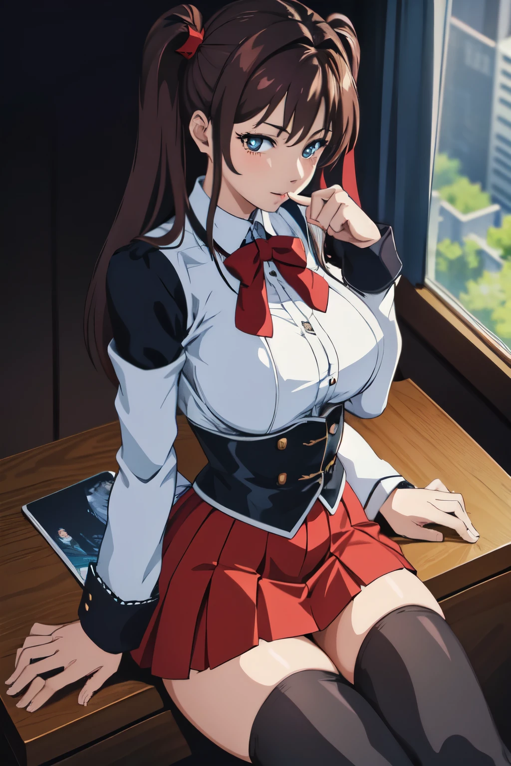 masterpiece, best quality, highres, 1girl kaori saeki,   but with exposed breasts, skin tight red skirt, black thigh high stockings, classroom, cowboy shot, horny, looking at viewer, focus solo 