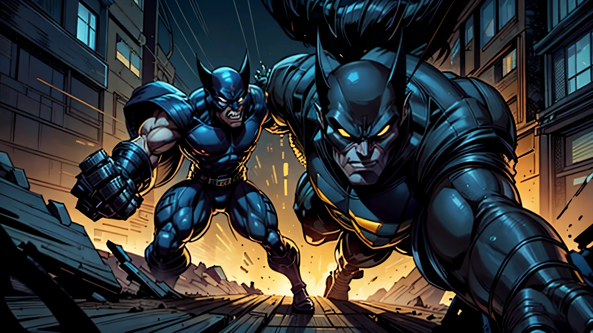 "A dramatic scene with Wolverine, the iconic X-Men character, in the heat of battle against a masked mafia villain. The setting must be an urban environment, com sombras escuras e ruas mal iluminadas. Wolverine, in his classic yellow and blue suit, is shown with claws extended, pronto para atacar. the villain, wearing a menacing mask and a mafia-style outfit, Is holding a gun, but Wolverine&#39;s fierce expression and aggressive stance suggest he is not intimidated. O fundo deve ser ligeiramente desfocado para enfatizar os dois personagens e seu intenso confronto. Use um estilo fotorrealista para a imagem."
