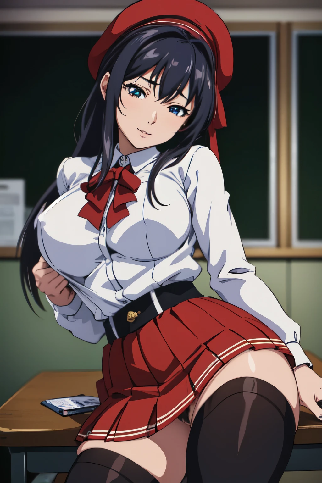 masterpiece, best quality, highres, 1girl kaori saeki, but with exposed breasts, skin tight red skirt, black thigh high stockings, classroom, cowboy shot, horny, looking at viewer, focus solo
