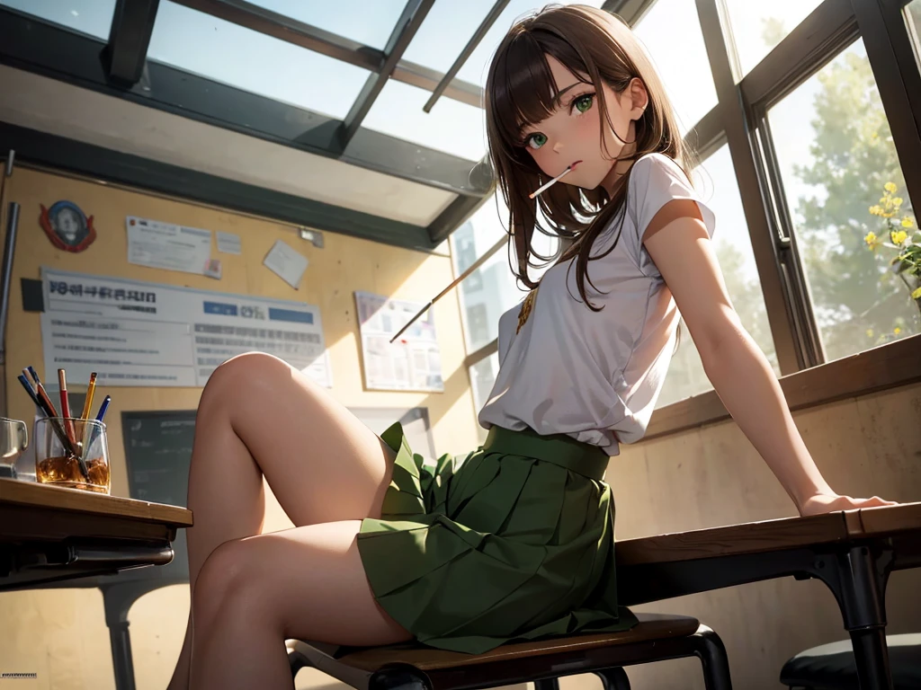 ultra high definition, best quality, masterpiece, highres, artstation, concept art, smooth, sharp focus, illustration, a girl in school, brown hair, green eyes, wide eyes, (small breast), (small hips), (small ass), (small girl), skirt, white top, classroom, ((she smokes a cigarette)), sexy pose, provocative pose, (creative view angle)