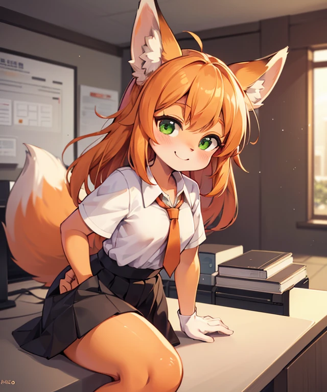 1 girl, (human hairy:1.2), Sako Tsunoda, (Two-tone fur, orange fur, green eyes, fox ears, horn, nose), (white shirt, black skirt, Smile), (Internal, office), (masterpiece:1.2), employment, ultra high resolution, 8K, high quality, (sharp focus:1.2), Clean, crisp, cinematic,