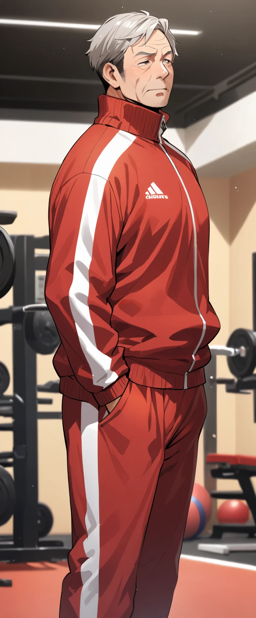 a 40 year old man teacher wearing a tracksuit at a gym