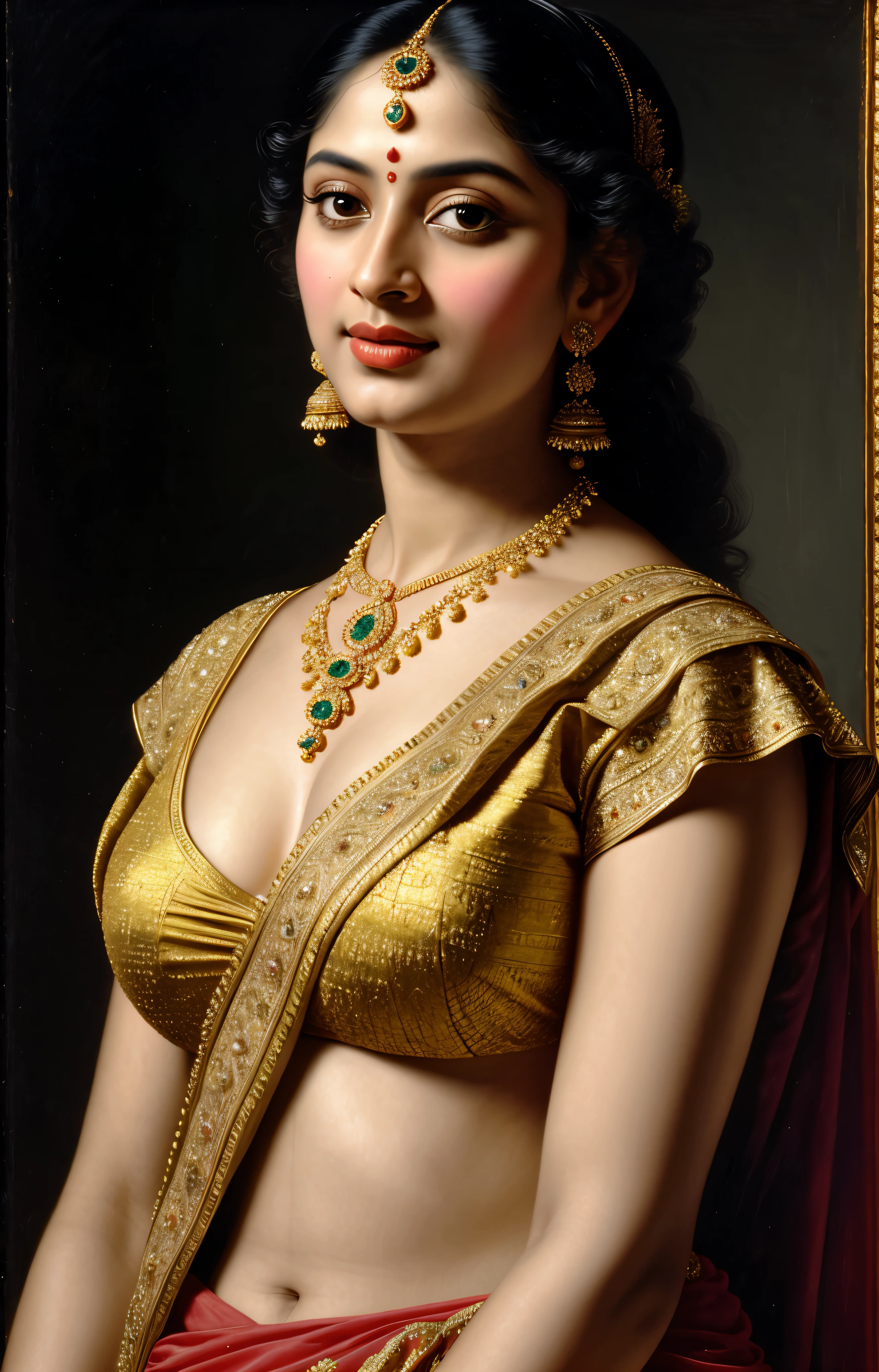 Beautiful Indian Woman, wearing saree, sari Beauty, gorgeous, Apsara, Maharani, royal queen woman, nymph from Hindu Mythology, Urvashi, matchless beauty, Highly detailed, Oil Painting by Peter Paul Rubens inspired by Raja Ravi Varma, Matchless beauty, captivating, gorgeous, heavenly beauty, celestial beauty, by Peter Paul Rubens, 1893, realistic, hyper realistic, micro details, incredible artwork, insane details, ultra High resolution, 8k, 32k, acrylic on canvas, intricate, flawless, detailed, detailed face, detailed eyes, masterpiece, by Peter Paul Rubens, by Caravaggio, by William Adolphe bouguereau, perfect face, perfect body, beautiful art, realism, baroque, renaissance Art, highly textured, beautiful and detailed eyes, uhd, best quality,
