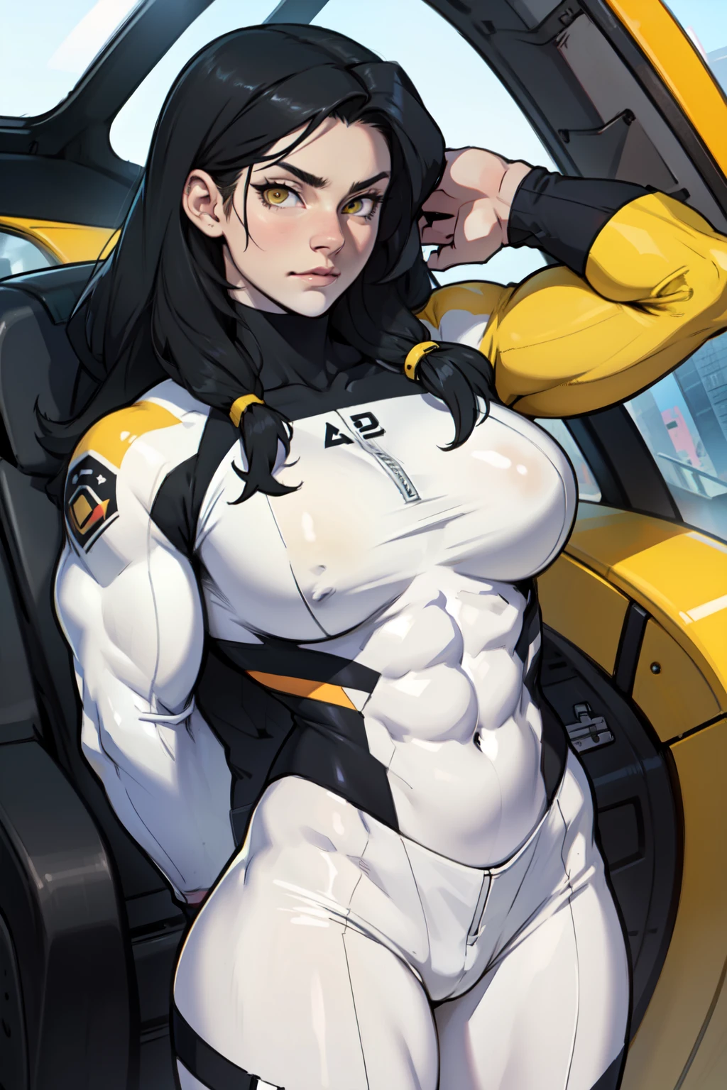1 girl, black hair, yellow eyes, very long hair, pale skin, ((((extremely muscular)))), ?????????????, (confident expression), pilot suit, close up