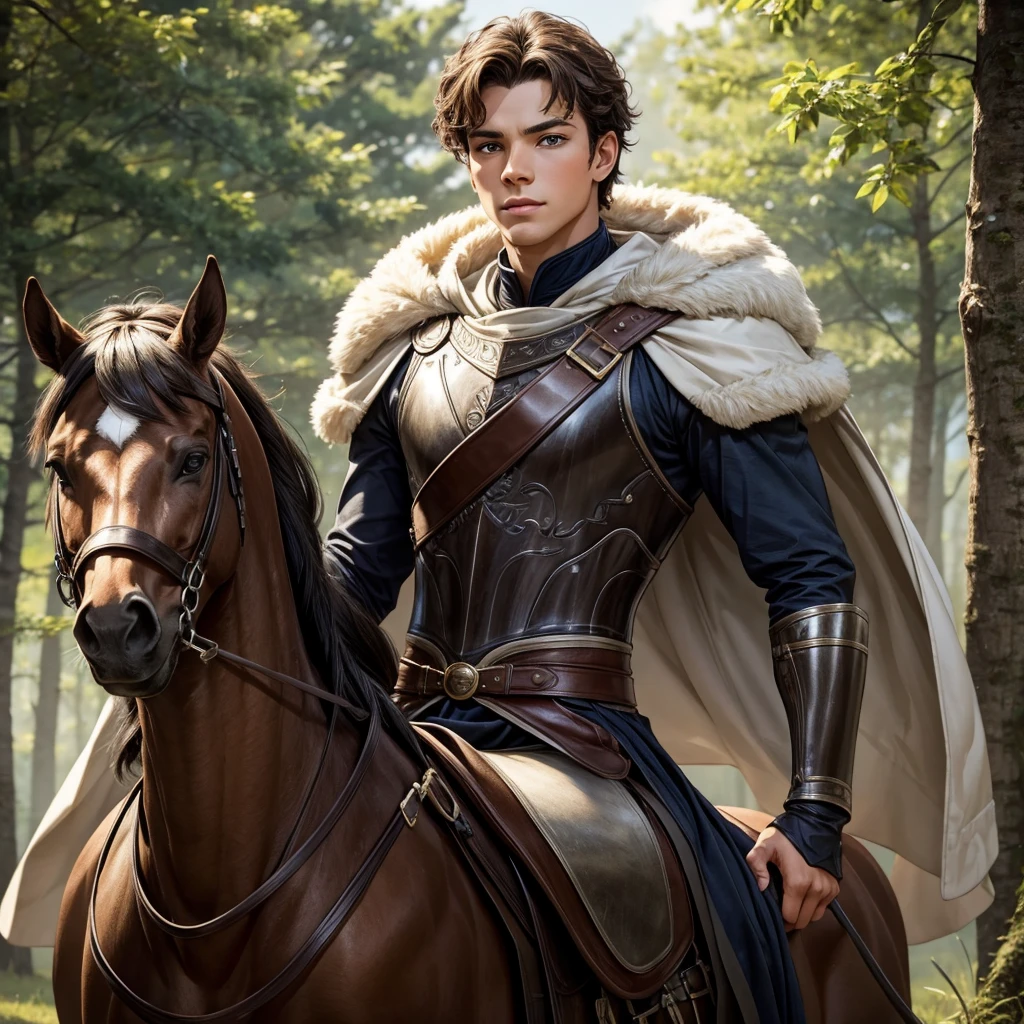 Prince Declan Gray is a very tall strong young man He has light brown hair and dusty gray eyes and white skin He loves the forest and he loves his black horse. He wears his royal armor.