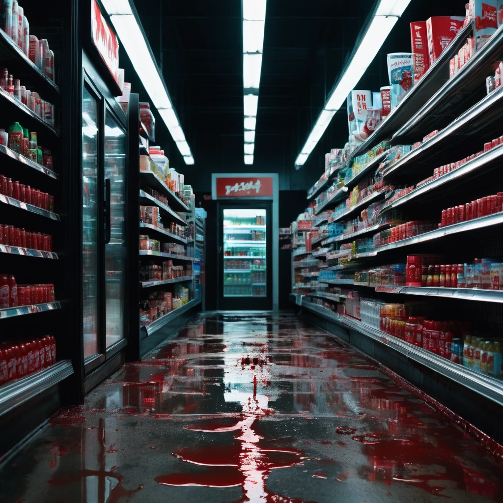 bloody footprints, inside convenience store, style of a slasher film, directed by James Wan, midnight, nighttime, dark, narrow aisles, abandoned, horror, dark color palette, unlit, lights off
