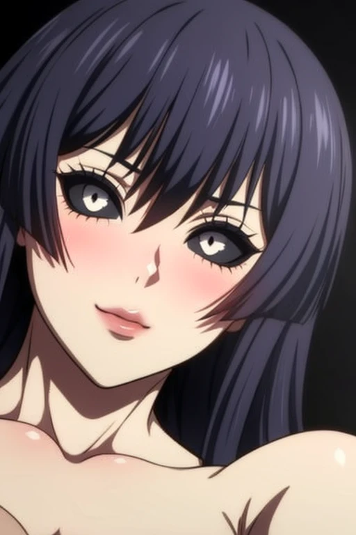 anime screencap, (yuri:2.0), close-up, long hair, black hair, blue eyes, (pussy juice:1.5), (pussy juice in mouth:1.5), (pussy juice on face:1.5), (black lipstick:1.5), smile, heart-shaped pupils, (pussy juice in nose:2.0), uncensored