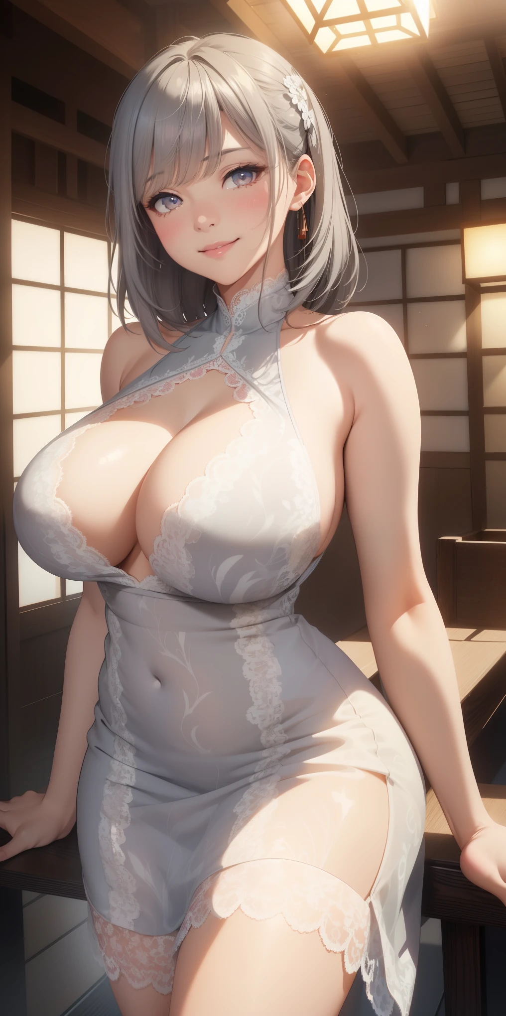 beautiful and breathtaking mature woman, large, sagging breasts, ((light grayish hair, beautiful bangs)), double eyelids, light effect on her eyes, (((dress with lace print, I hope it falls)) ((work -raw, best quality;1.3) ), ultra detailed, 8k unity wallpapers, CG, ray tracing, illustration, colorful, cinematic shadow, extremely detailed and beautiful background, vhd, VRay shading, RT)), shy smile , flirting with viewer, facial blush, sexy pose, Japanese traditional house, bright, bright light, ultra detailed, scenic, atmospheric