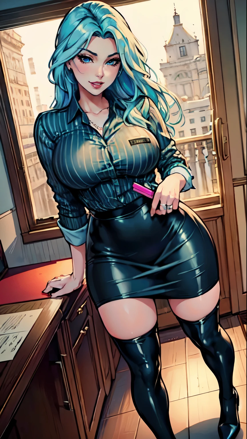 Masterpiece, raw, beautiful art, professional artist, 8k, art style by sciamano240, very detailed face, very detailed hair, 2girls, perfectly drawn body, beautiful face, long hair, light blue hair , very detailed blue eyes, pouty lips , rosey cheeks, intricate details in eyes, grin, looking directlt at viewer , wearing office clothes , pencil skirt, black dior thigh boots, open pinstripe shirt, in love with viewer expression, wedding ring , lipstick, hotel setting, full body view, posing next to window,