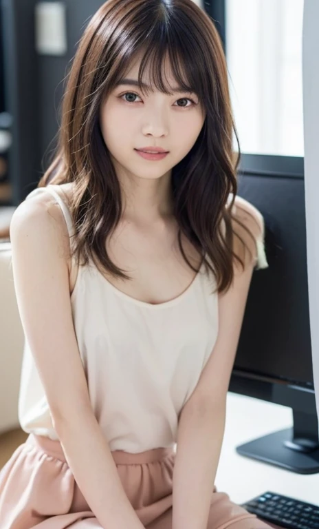 masterpiece、highest quality、16K、RAW photo、Super detailed、ultra high resolution、UHD，Depth of the bounds written、very detailed、soft light、professional lighting、Pale shading、Weak contrast、Japanese、beautiful girl、slender woman、Smooth, silky skin、clear white skin、daytime office、Window seat、sitting in front of the computer、（Tight peplum）、（tulle skirt）、(smooth and beautiful thighs:1.6）、(small breast:1.0)、flat chest、Childlike breasts、small areola、small nipples、beautiful nipples、Cherry-colored nipples、white breast、fine and beautiful eyes、（hanging eyes）、clear double eyelids、tear bag、（thin eyebrows:1.0）、（thin lips:1.0）、natural makeup、natural color lip、A smile that makes people happy、(floating hair、long wavy hair、high ponytail),(The bangs are see-through)、Black mesh office chair、Photo from head to thighs、pink clothes