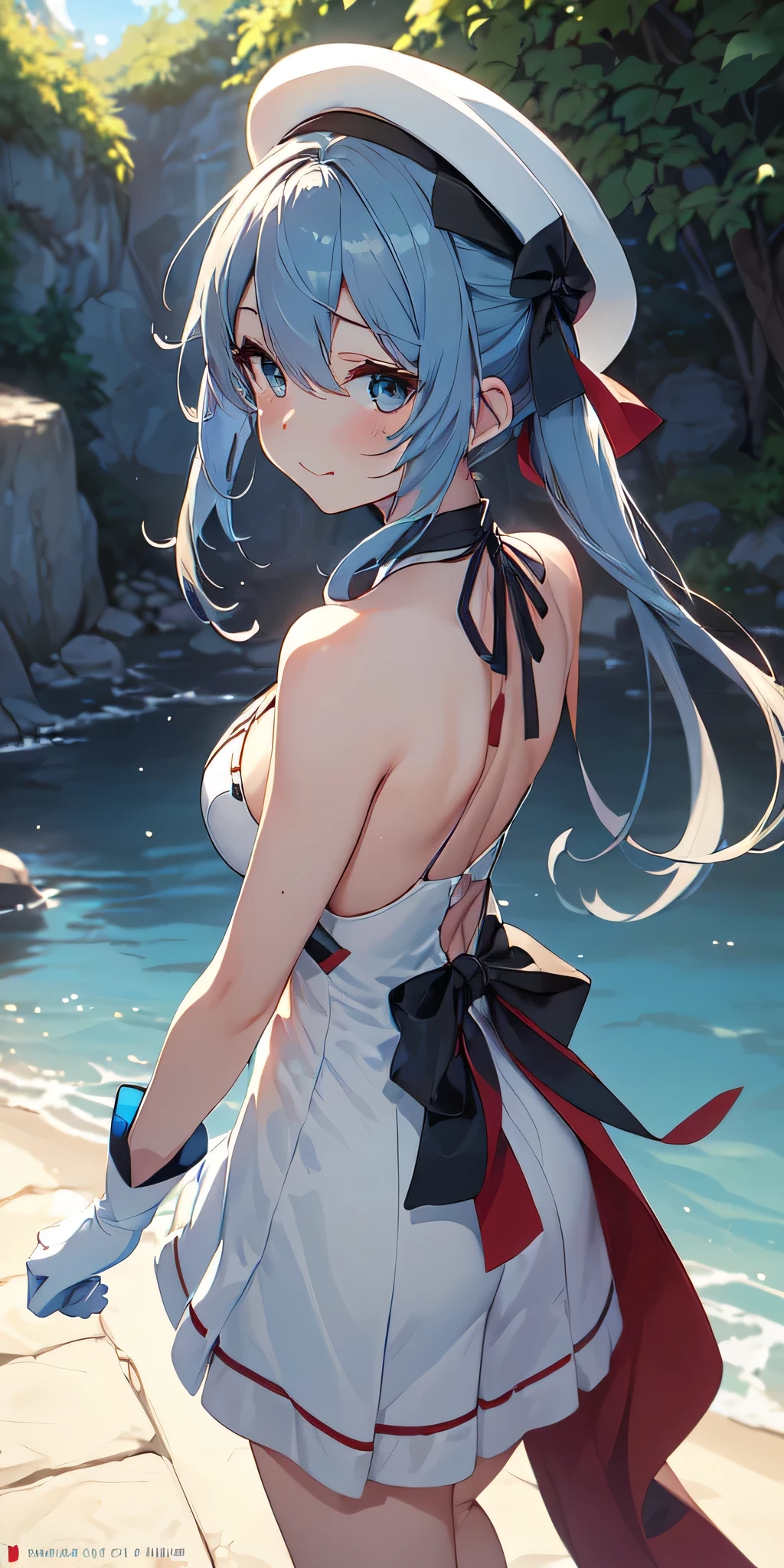 All the intricate details: "(a girl from the video game: (Genshin Impact,
character Furina) with a dress and a long skirt standing next to a kind of stone wall with stars, 1 girl view, long hair, (furina), alone, gloves, smile, red eyes, fingerless gloves, black gloves, look to the viewer, hair decoration, bare shoulders, bangs, water, closed mouth, hair between eyes, blue eyes, blue hair, white hair, highlighted hair, gloves, hat, white gloves, blue hats, ahoge, black gloves, long sleeves, ascot, jewelry, brooch, black hats, ruffles, random pose, low angle, see tanga)"