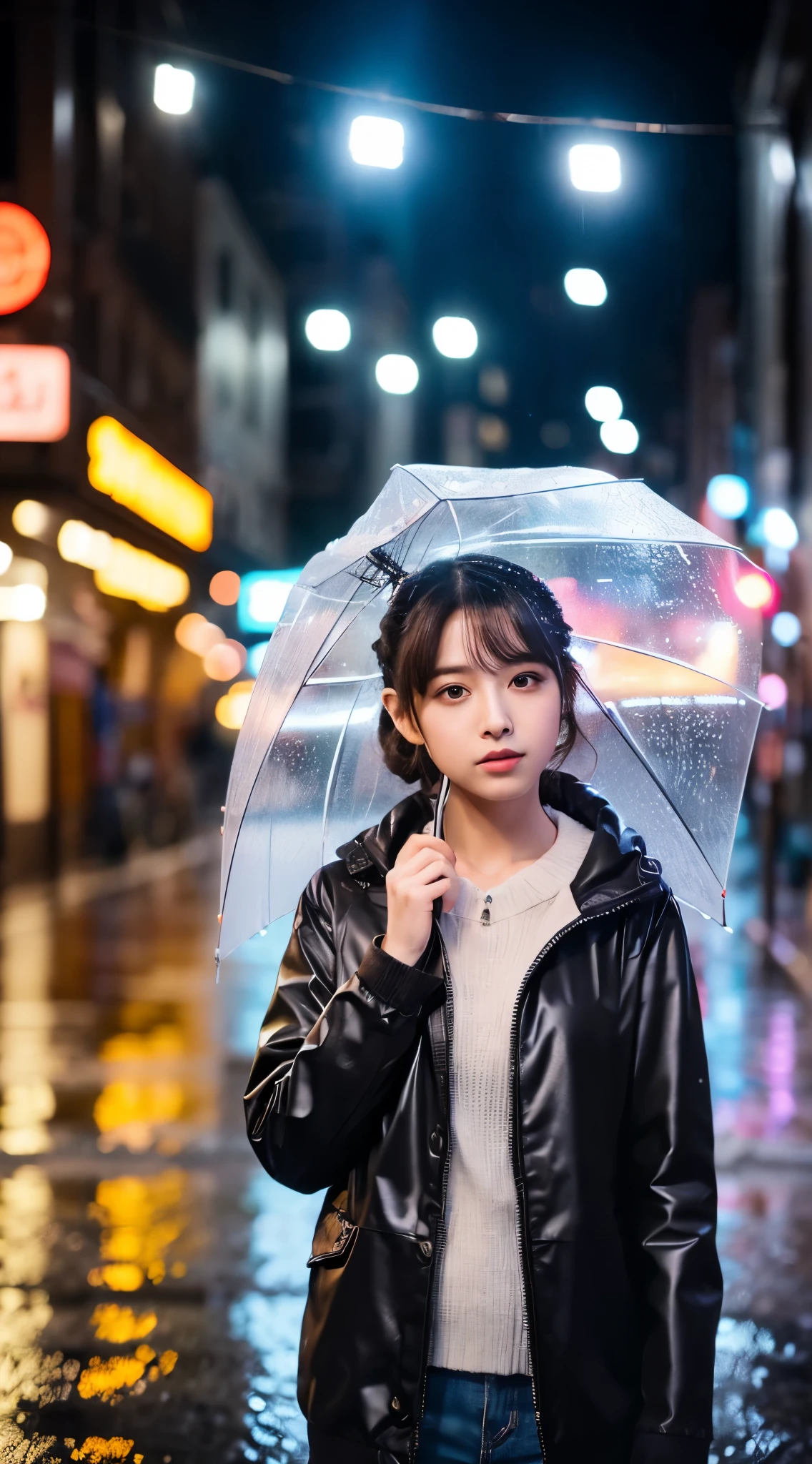 (8K, Raw photo, highest quality, masterpiece:1.2), (realistic, photo-realistic:1.37), Omertoza, 1 girl, (K-POPアイドル), (charming monkey:1), cute, cityscape, rain, Wet, professional lighting, photon mapping, radio city, Physically based rendering,,  