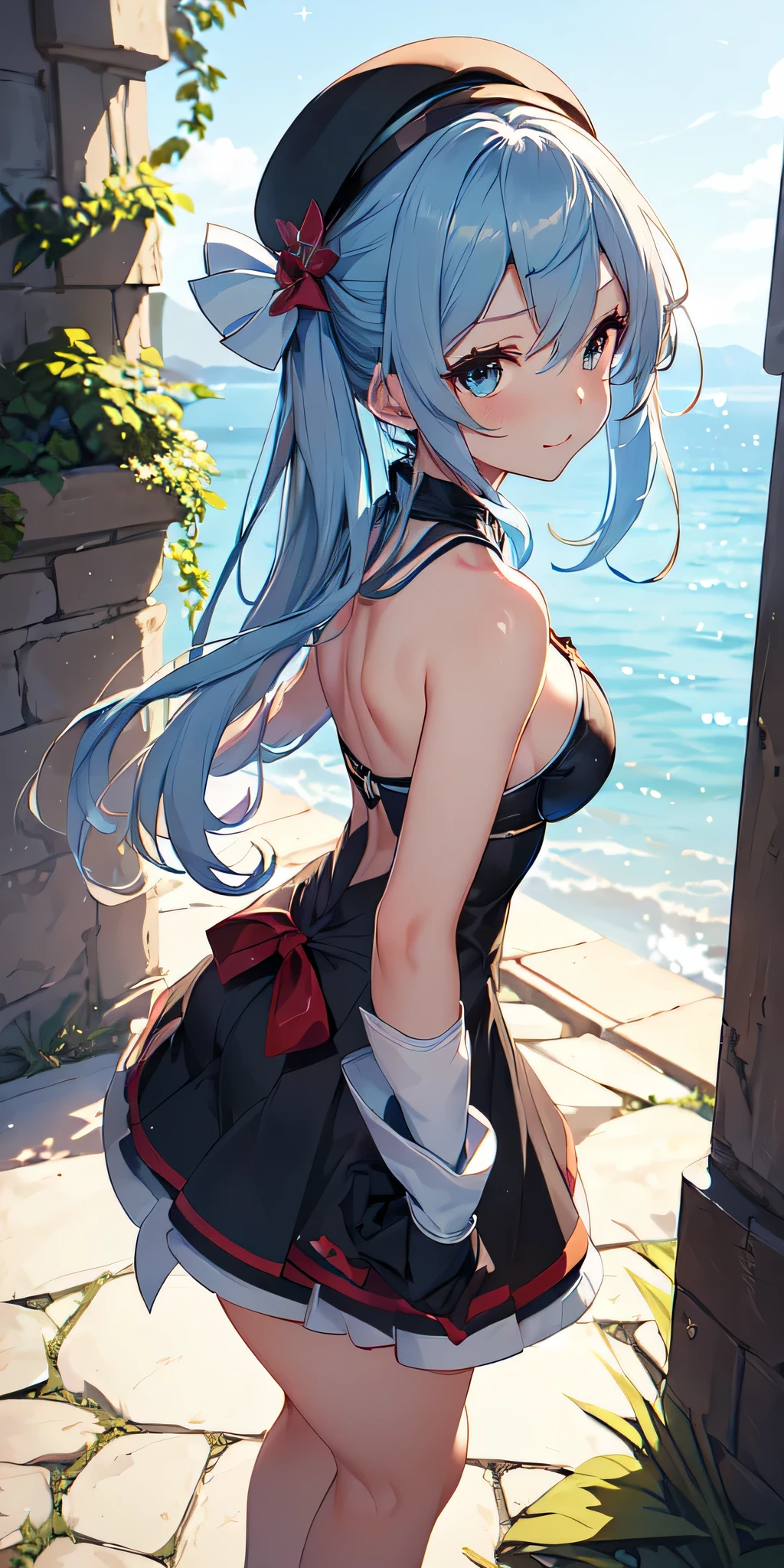 All the intricate details: "(a girl from the video game: (Genshin Impact,
character Furina) with a dress and a long skirt standing next to a kind of stone wall with stars, 1 girl view, long hair, (furina), alone, gloves, smile, red eyes, fingerless gloves, black gloves, look to the viewer, hair decoration, bare shoulders, bangs, water, closed mouth, hair between eyes, blue eyes, blue hair, white hair, highlighted hair, gloves, hat, white gloves, blue hats, ahoge, black gloves, long sleeves, ascot, jewelry, brooch, black hats, ruffles, random pose, low angle, see tanga, ass shot)"