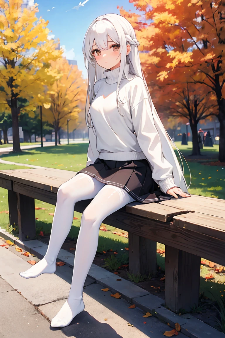 Girl, long white hair, white eyes, sweater, skirt, pantyhose, without shoes, park photography, beautiful view