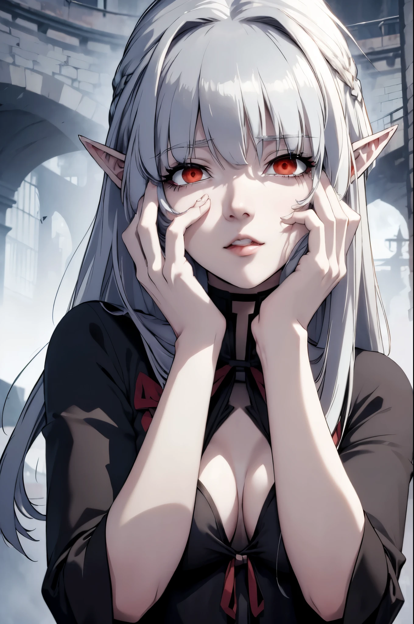 alice,vampire,grey hair, long hair, red eyes, pointy ears, small breasts, yandere trance yandere hands on own face,hands on own cheeks

