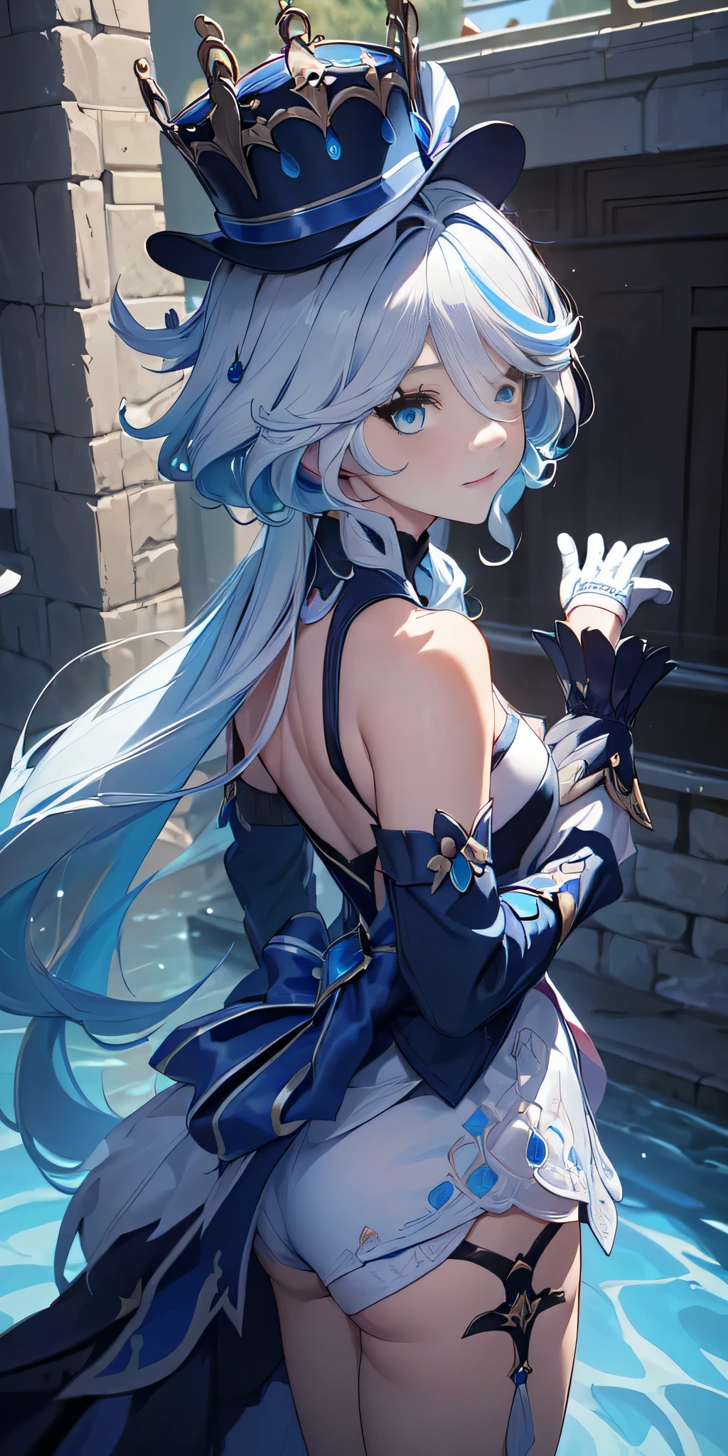 All the intricate details: "(a girl from the video game: (Genshin Impact,
character Furina) with a dress and a long skirt standing next to a kind of stone wall with stars, 1 girl view, long hair, (furina), alone, gloves, smile, red eyes, fingerless gloves, black gloves, look to the viewer, hair decoration, bare shoulders, bangs, water, closed mouth, hair between eyes, blue eyes, blue hair, white hair, highlighted hair, gloves, hat, white gloves, blue hats, ahoge, black gloves, long sleeves, ascot, jewelry, brooch, black hats, ruffles, random pose, low angle, see tanga, ass shot)"
