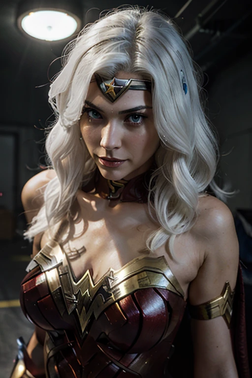 dcs wonder woman superhero with, white hair, glowing yellow eyes,,, wonder woman suite 