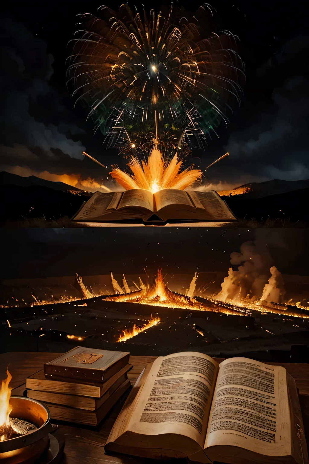 The design of a spectacular ancient Jewish book surrounded by a powerful fire that explodes many missiles that are around it, in the background of a fierce and scary sky
