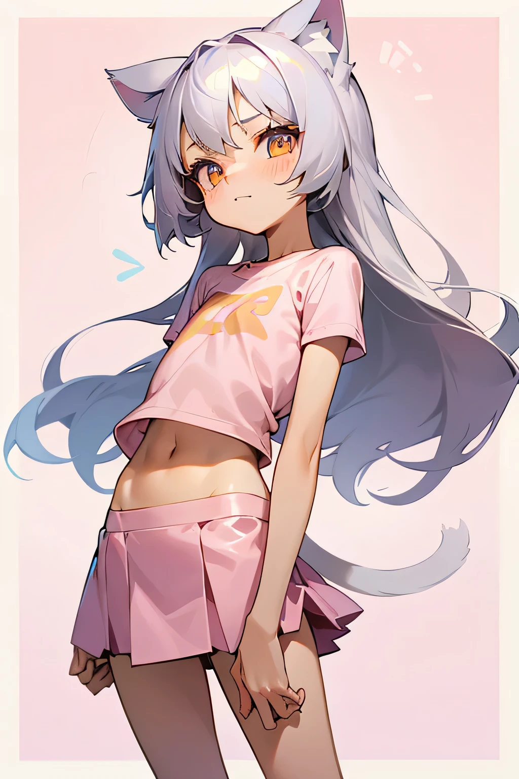 1girl, silver hair, golden eyes with pupils, ((skinny)), ((ite)), short,  small, ((neko)), (cropped solid pastel pink tshirt), long hair, short skirt, (((kid, cat ears, happy, blush, flat chest, midriff, at school