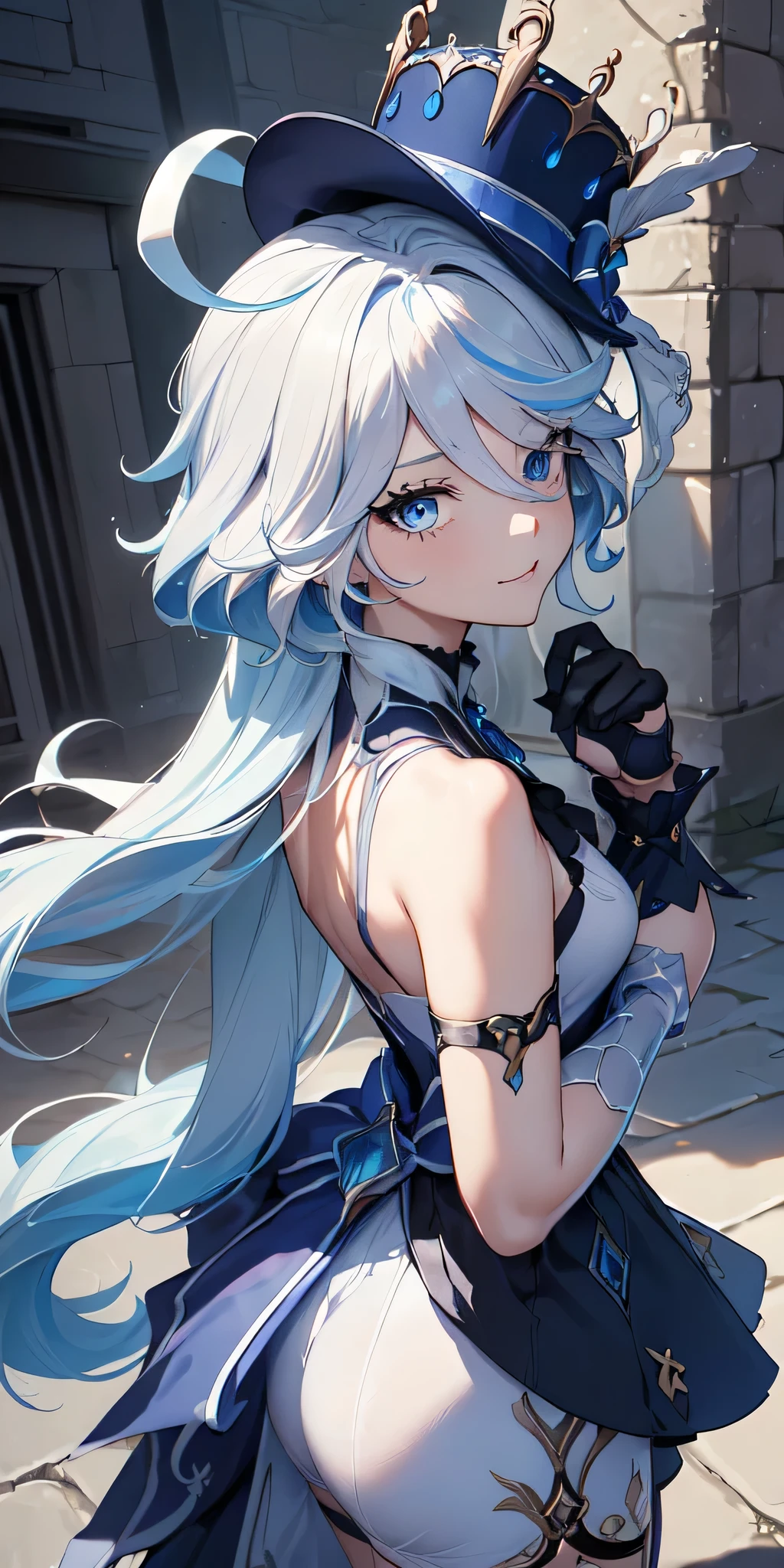 
All the intricate details: "(a girl from the video game: (Genshin Impact,
 character Furina) with a dress and a long skirt standing next to a kind of stone wall with stars, 1 girl view, long hair, (furina), alone, gloves, smile, red eyes, fingerless gloves, black gloves, look to the viewer, hair decoration, bare shoulders, bangs, water, closed mouth, hair between eyes, blue eyes, blue hair, white hair, highlighted hair, gloves, hat, white gloves, blue hats, ahoge, black gloves, long sleeves, ascot, jewelry, brooch, black hats, ruffles, random pose, low angle, see tanga, ass shot)"