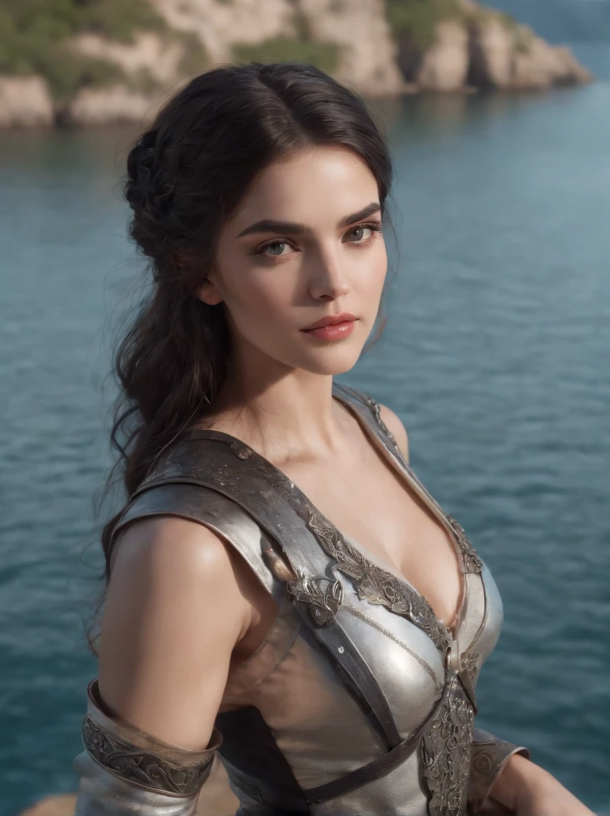(professional 3d rendering:1.3) de (realista:1.3) The most beautiful art photo in the world Includes a gentle and warrior heroine, ((epic hero, Frau fantasia-sexy, beautiful appearance, Lindos olhos muito detalhados, Rosto lindo muito detalhado, Long wavy wild black hair and sensual expression in dynamic pose, she is a warrior, she is a warrior with very realistic silver and black armor, Fantastic location, majestoso, Ambiente confuso)), Full-body rendering of 8k units, action photo, very dark lighting, sombreamento pesado (Sombreamento pesado) (Sombreamento pesado) (Sombreamento pesado), Detalhado, Detalhadoes Gesicht wie Emeraude Toubia, (Lebhdet, realista fotogrdeieren, realista, dramatic, escuro, sharp focus, 8k), (Levemente vestido com material transparente), ((((seminua, It floats above the water)))), (complicado:1.4), (altamente detalhado:1.4), pintura digital, Rendering de Octane, art stations, arte conceitual, suave, sharp focus, illustration, Kunstkeim, (lazy:0.23), wlop ilya kuvshinov, e Greg Rutkowski e Alphonse Muito obrigado, (Global illumination, studio light, voluptuous light), aguaceiro, Particles float, Garoto, impossible dream, duende, Esbian de corpo inteiro, ((Fundo escuro e antigo da cidade:1.3)),Sociedade CGS,art stations