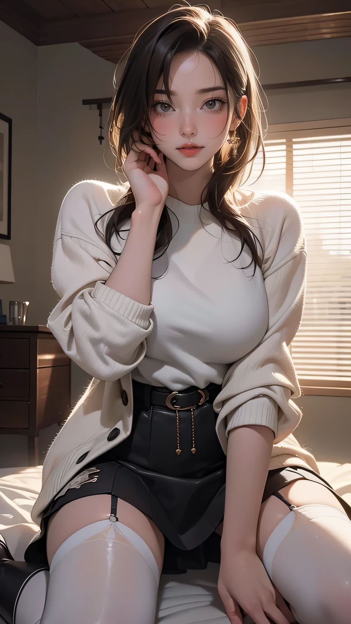 (random porn pose),(Highest image quality,(8k),ultra-realistic,best quality, high quality, high definition, high quality texture,high detail,beautiful detailed,fine detailed,extremely detailed cg,detailed texture,a realistic representation of the face,masterpiece,Sense of presence),sweater,tight mini skirt,stockings,Engineer boot