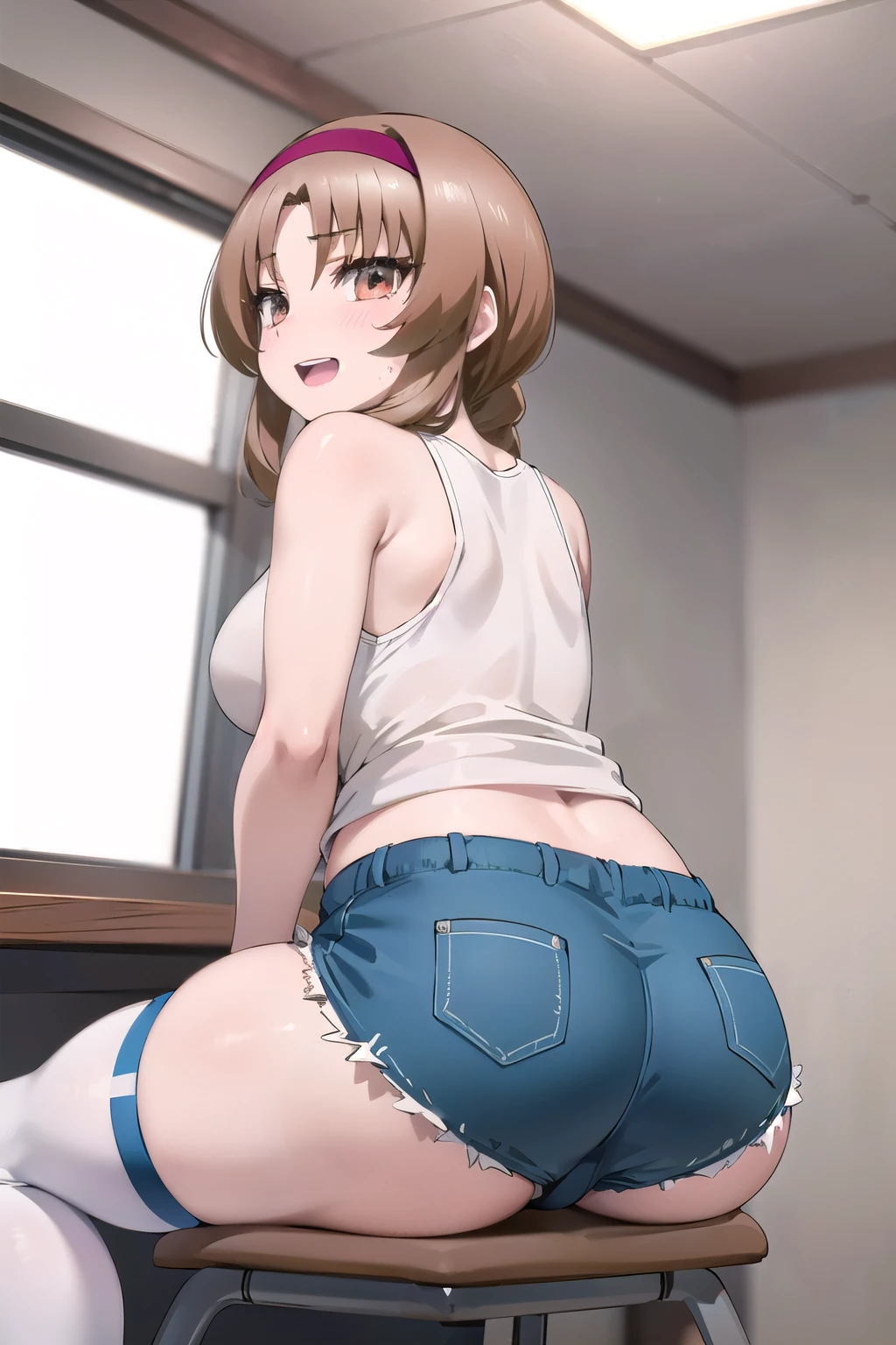 masterpiece, , best quality, ultra-detailed, extremely detailed, illustration, leaning forward, 1girl, solo, takao, nsfw, striped panties, wearing white tank top, ((tight thigh socks thick thighs)), ((big booty)), ((tight shorts)), ((small too tight booty shorts)), small breasts, thighs, smile, open mouth, in her room, indoors, chubby, ((sitting on chair)), ((showing big ass)), ((buttcrack)), ((showing bare ass buttcrack)), ((plump ass)), nice big butt, big ass, wide hips, large ass, thick thighs, ((girly thong panties)), ((perfect anatomy)), good body,