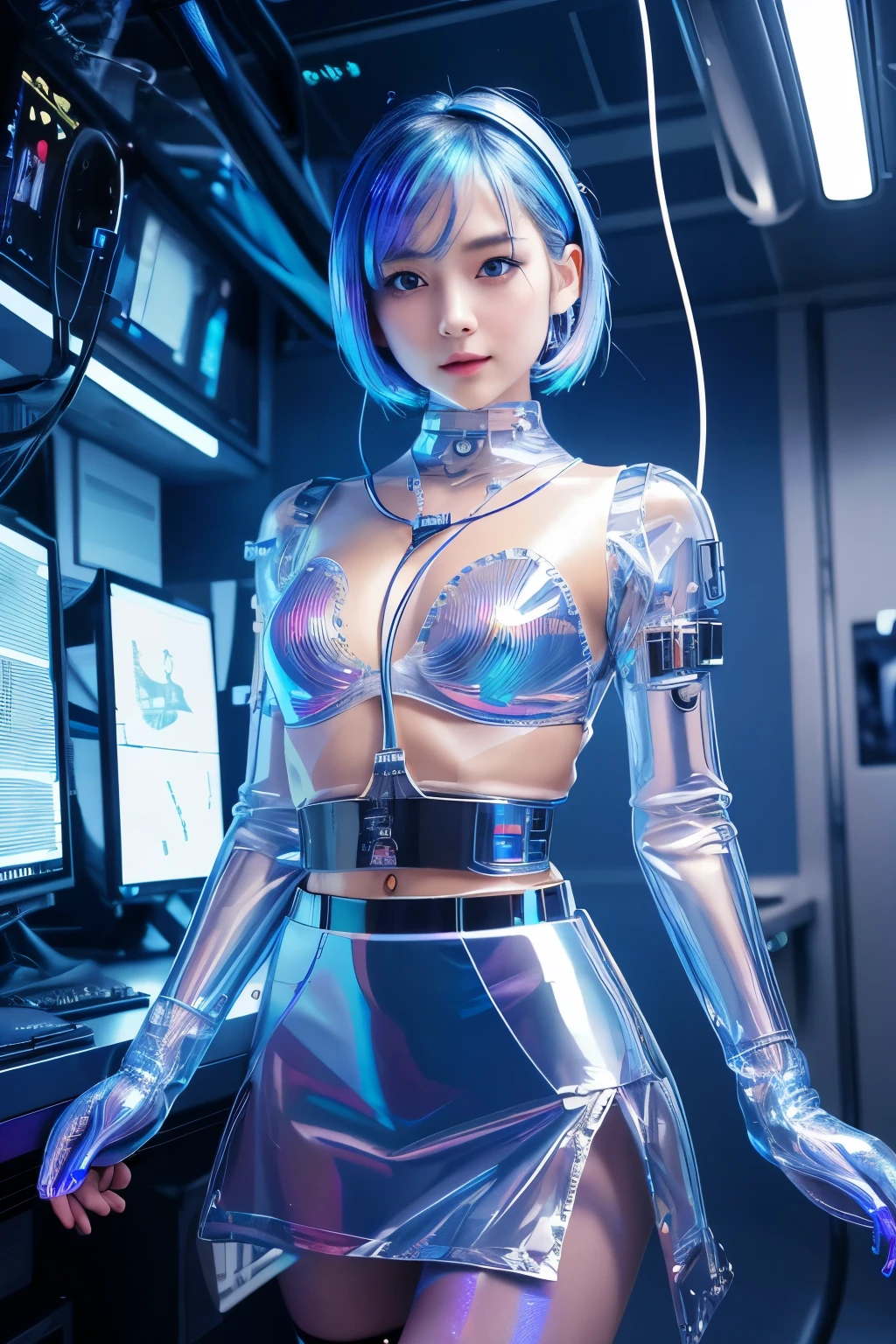 (highest quality, High resolution, masterpiece:1.2), Super detailed, realistic:1.37, (perfect anatomy),1 girl, cowboy shot, Cute and beautiful 20-year-old Japanese idol,standing posture,(Transformed into a super cyborg:1.4),(laughter:1.3),(blue led eyes:1.3),beautiful skin, detailed facial features, complicated hair, ,(Cute shiny transparent holographic cyborg body and mini skirt:1.4), ,(super tight fitting clothes),futuristic necklace,futuristic hair ornament, attractive idol makeup,Light blue short hair,sexy pose,Detailed connection lines, Wires and cables connecting to the head, cybernetics, cyber punk, intricate decorative details, ,The background is the interior of a cyborg operating room with numerous computers..