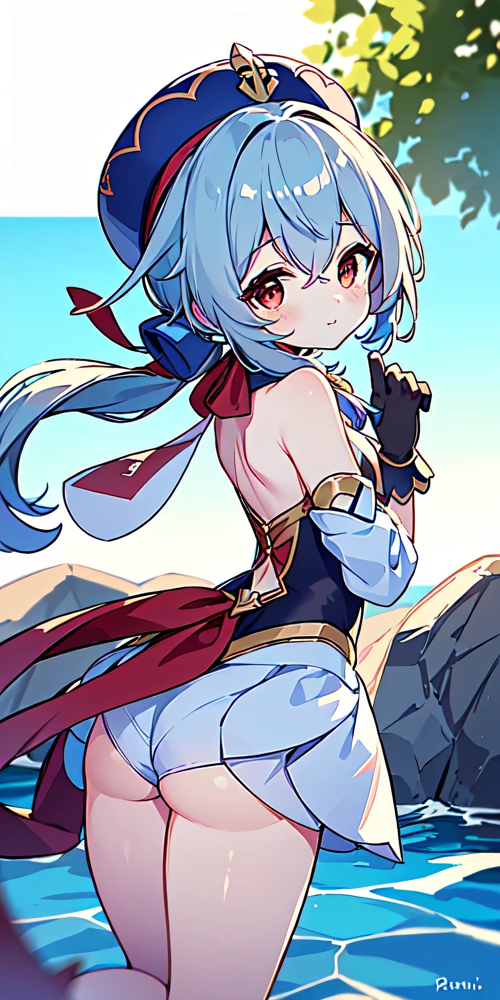 All the intricate details: "(a girl from the video game: (Genshin Impact,
character Furina) with a dress and a long skirt standing next to a kind of stone wall with stars, 1 girl view, long hair, (furina), alone, gloves, smile, red eyes, fingerless gloves, black gloves, look to the viewer, hair decoration, bare shoulders, bangs, water, closed mouth, hair between eyes, blue eyes, blue hair, white hair, highlighted hair, gloves, hat, white gloves, blue hats, ahoge, black gloves, long sleeves, ascot, jewelry, brooch, black hats, ruffles, random pose, low angle, see tanga, ass shot)"