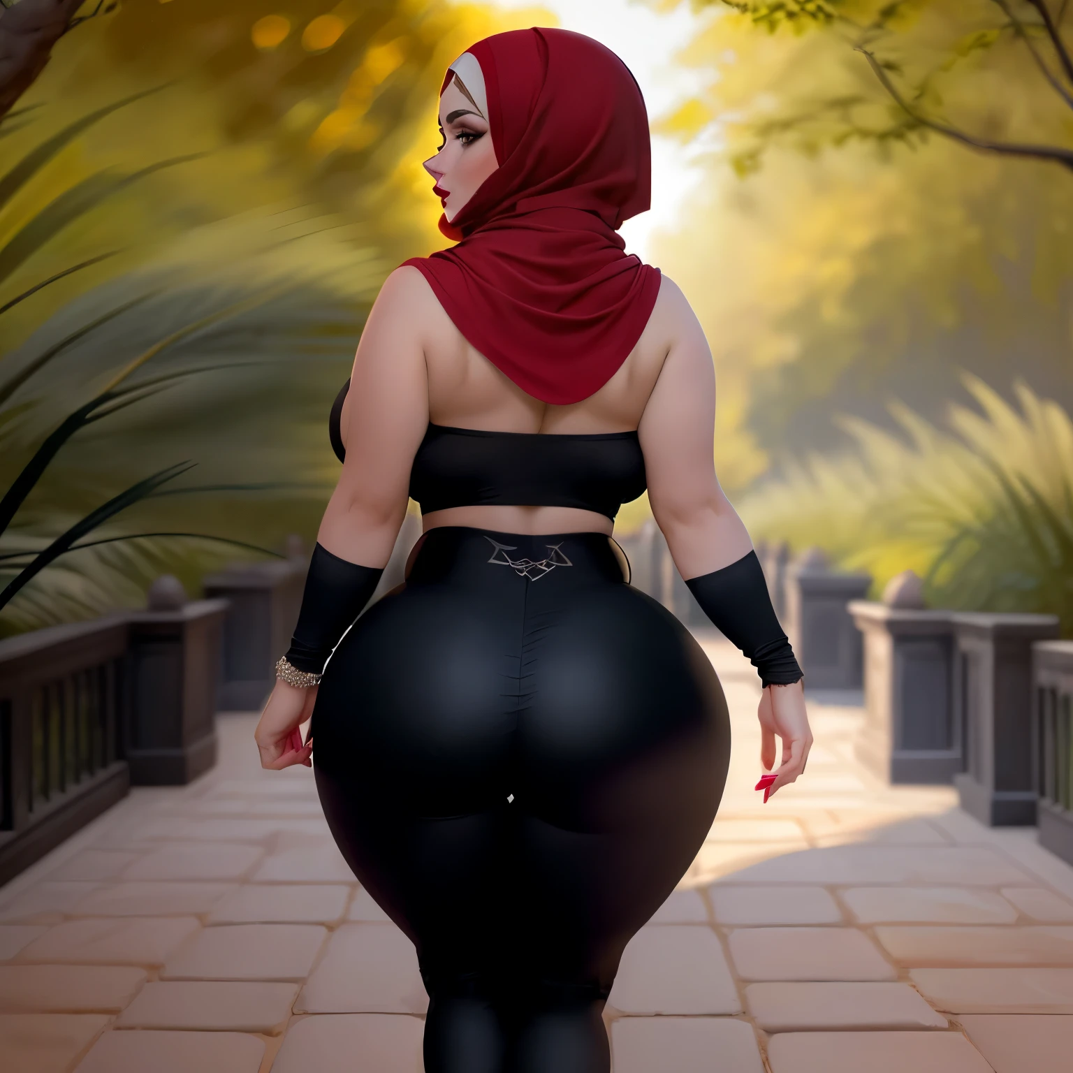 (hijab), round ass woman with big tits in tight pants shirt (beau talon stilleto), dark red lipstick, poitrine moyenne, Promenade dans un beau jardin fleuri, rear view, seduce, desired face, nasty look, (beaux yeux), red checkered piece), best quality, yeux expressifs, visage parfait, photo, Realistic, (Dark romantic lighting), (sensuality), (Chubby and plump asses)