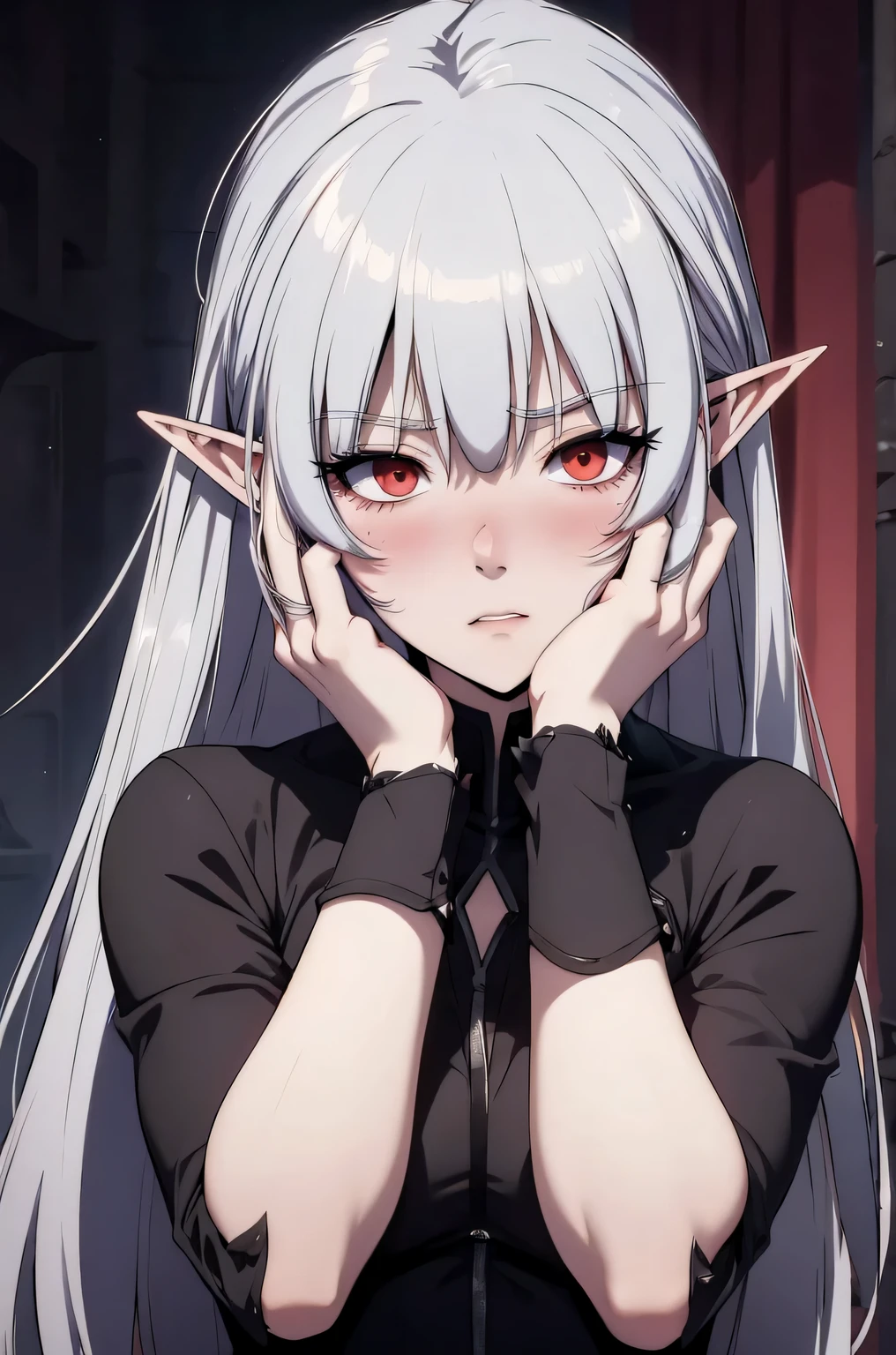 alice,vampire,grey hair, long hair, red eyes, pointy ears, small breasts, yandere trance yandere hands on own face,hands on own cheeks,(((blush)))