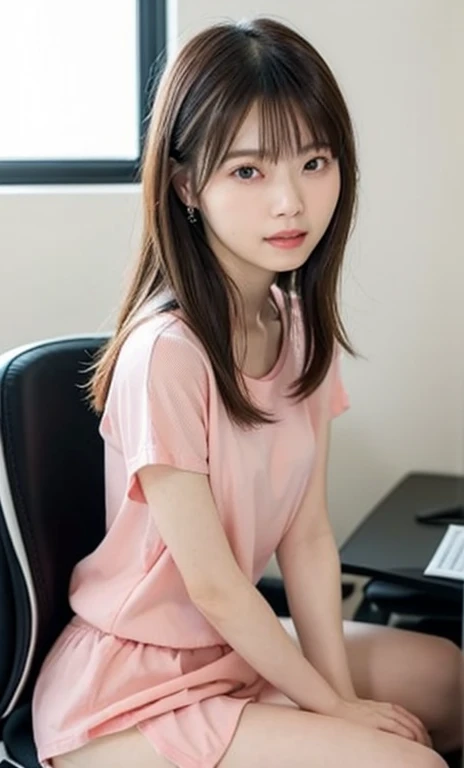 masterpiece、highest quality、16K、RAW photo、Super detailed、ultra high resolution、UHD,Depth of the bounds written、very detailed、soft light、professional lighting、Pale shading、Weak contrast、Japanese、beautiful girl、slender woman、Smooth, silky skin、clear white skin、daytime office、Window seat、sitting in front of the computer、(tight short sleeve knit、See-through)、(tight knit skirt、micro mooth and beautiful thighs:1.6)、(small breast:1.0)、flat chest、Childlike breasts、small areola、small nipples、beautiful nipples、Cherry-colored nipples、white breast、fine and beautiful eyes、(hanging eyes)、clear double eyelids、tear bag、(thin eyebrows:1.0)、(thin lips:1.0)、natural makeup、natural color lip、A smile that makes people happy、(floating hair、long wavy hair、high ponytail),(前髪はSee-throughバングです)、Black mesh office chair、Photo from head to thigharried woman、50 years old、pink clothes