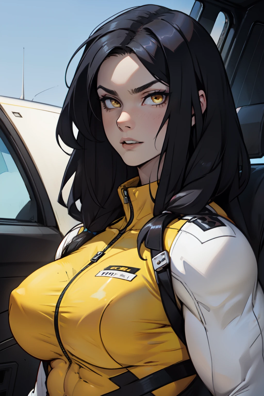 1 girl, black hair, yellow eyes, very long hair, pale skin, ((((extremely muscular)))), large breasts, (confident expression), pilot suit, close up