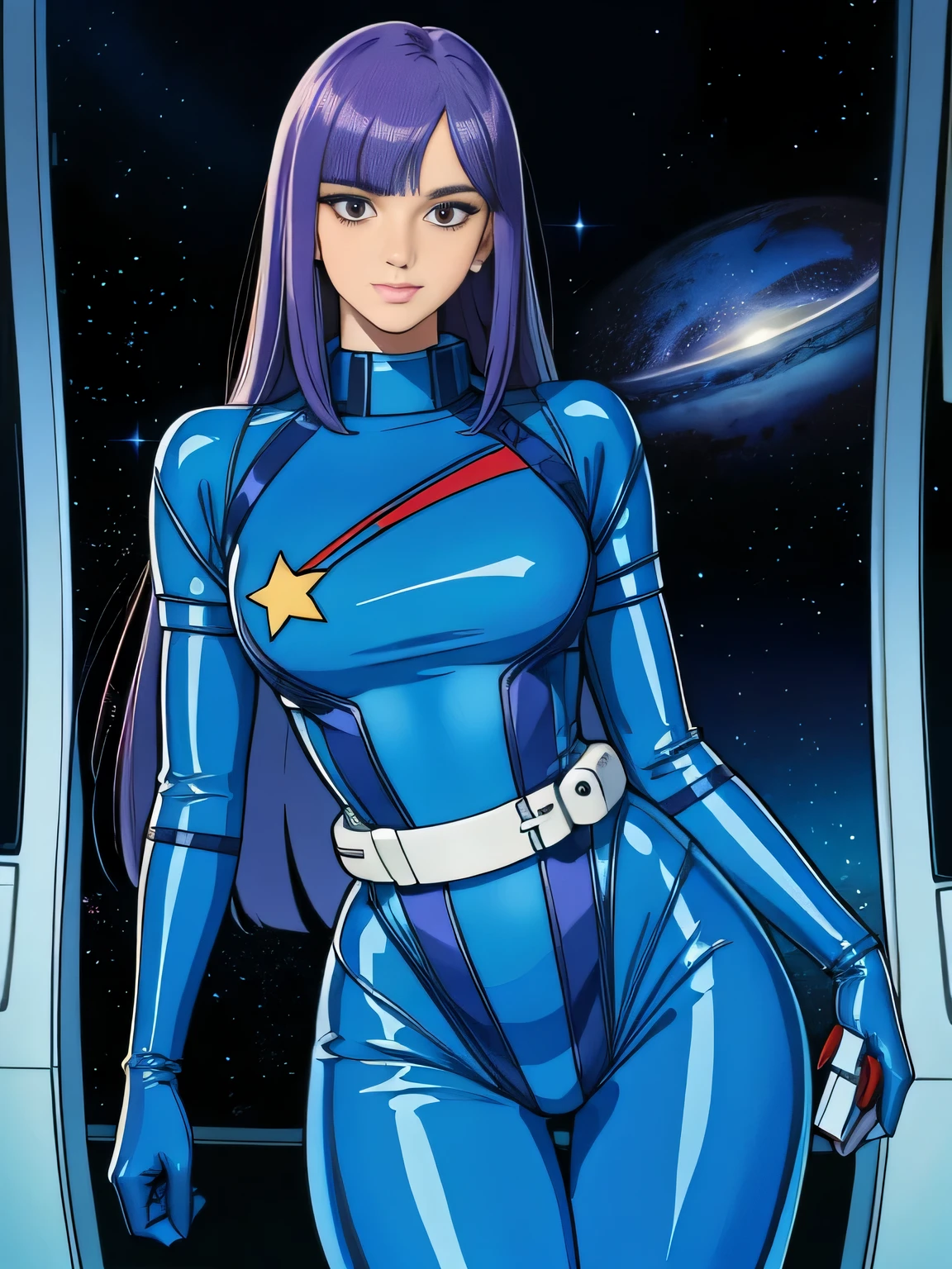 ((masterpiece,cg,best quality,highres)), good anatomy,extremely delicate and beautiful,(semi-realistic:1.5),detailed eyes,perfect face,beautiful face,1girl,solo,louka,blue pilot suit, long hair, purple hair, latex suit, white belt,star mark, light smile, facing viewer,,standing beside window, sexy, alluring, cowboy shot, curvy hips, thigh gap, inside spacecraft,galaxy,planet,glass,