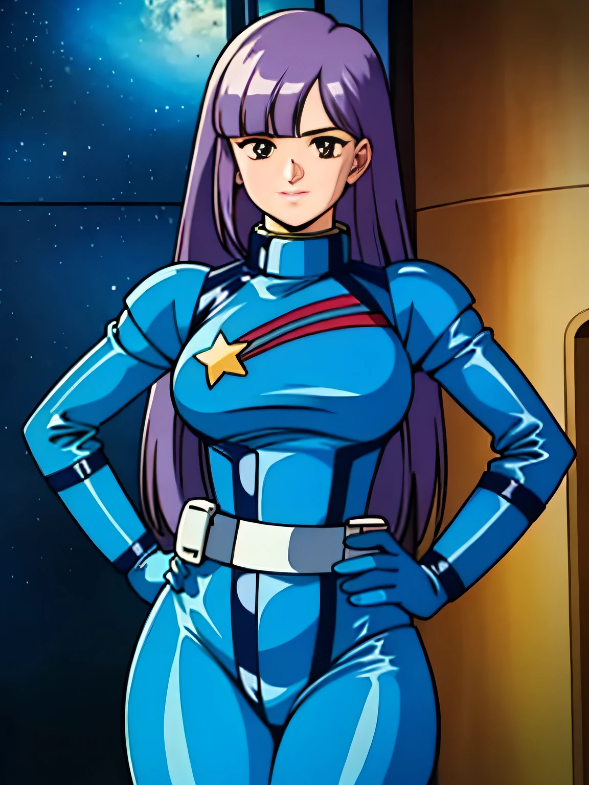 ((masterpiece,cg,best quality,highres)), good anatomy,extremely delicate and beautiful,(semi-realistic:1.5),detailed eyes,perfect face,beautiful face,1girl,solo,louka,blue pilot suit, long hair, purple hair, latex suit, white belt,star mark, light smile, facing viewer,,standing beside window, sexy, alluring, cowboy shot, curvy hips, inside spacecraft,galaxy,planet,glass,