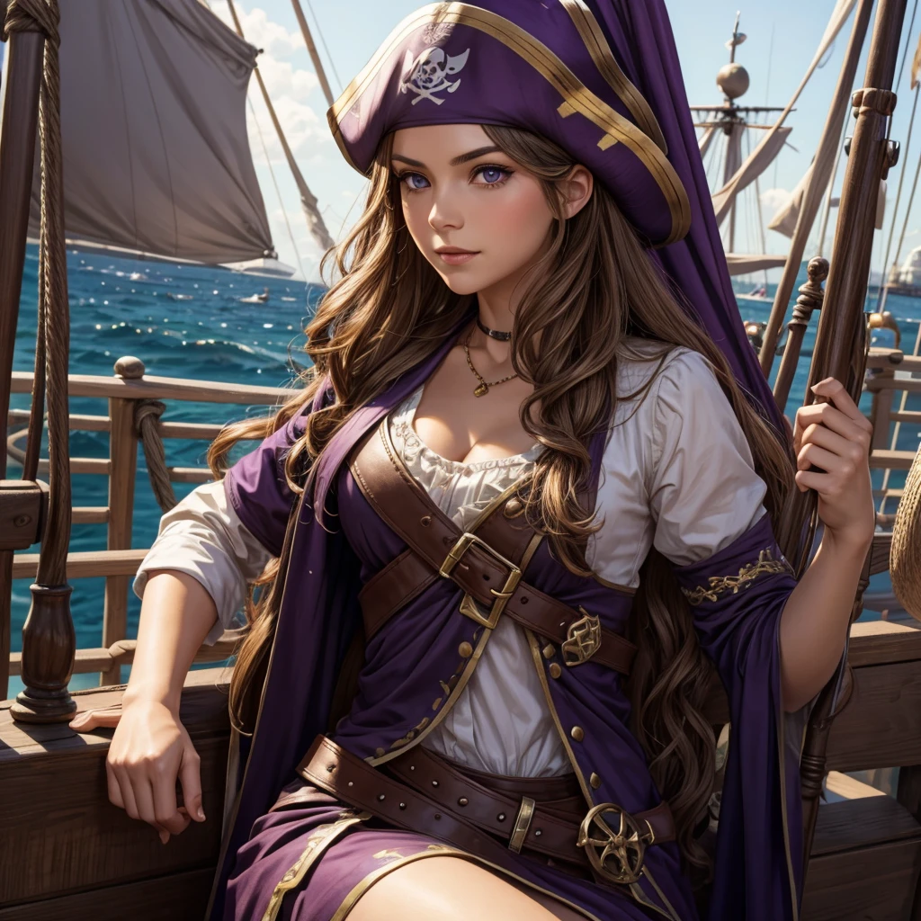 Mary has light brown long wavy hair, purple eyes and a very fair complexion. She is a pirate and has a ship